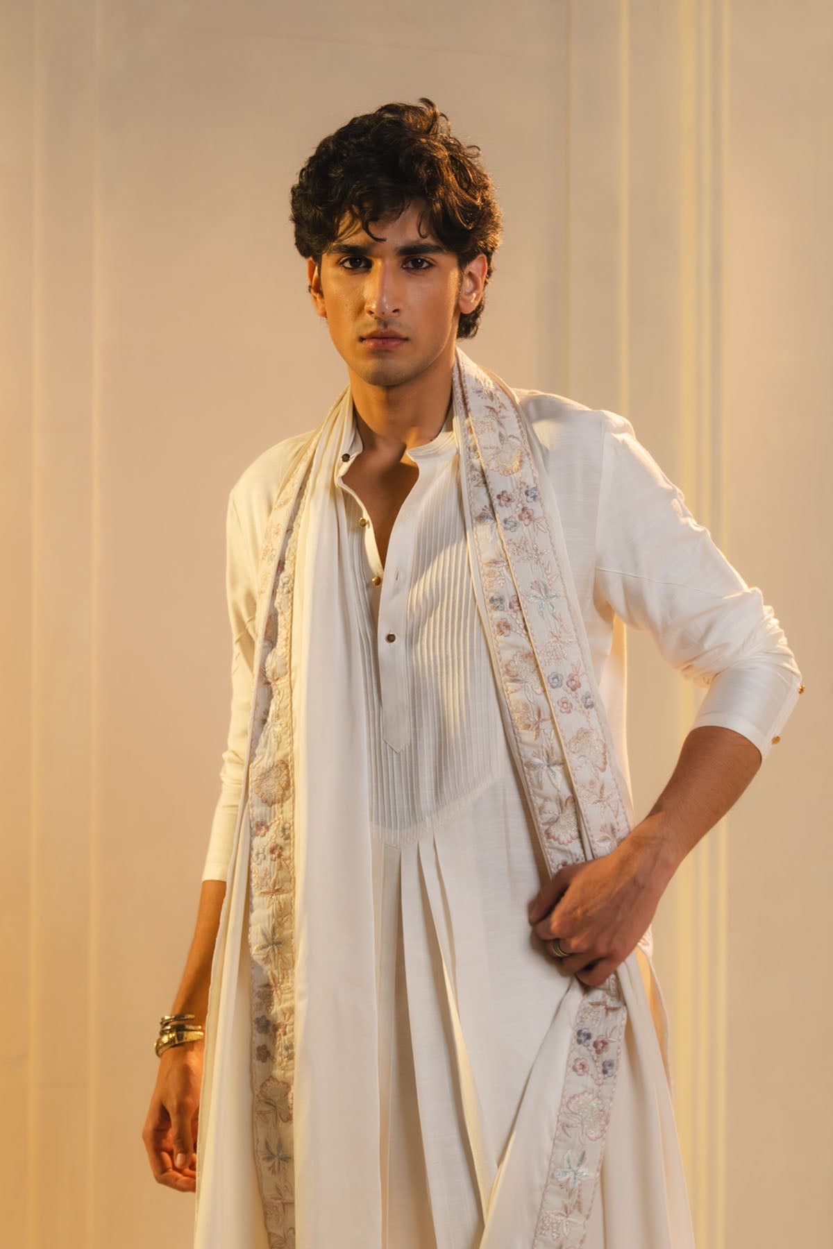 Ivory Silk Hand Painted And Hand Embroidered Kurta Set