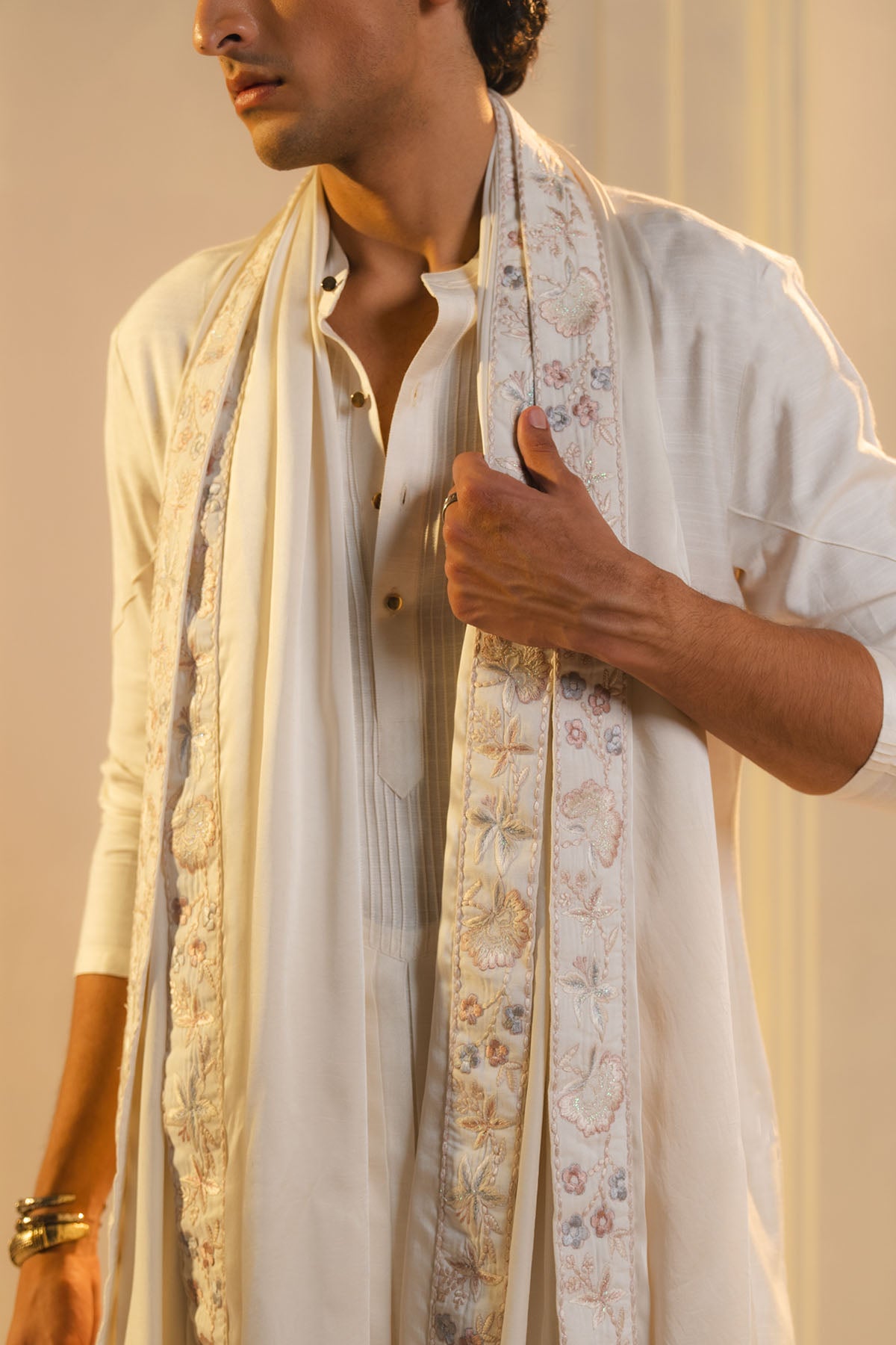 Ivory Silk Hand Painted And Hand Embroidered Kurta Set