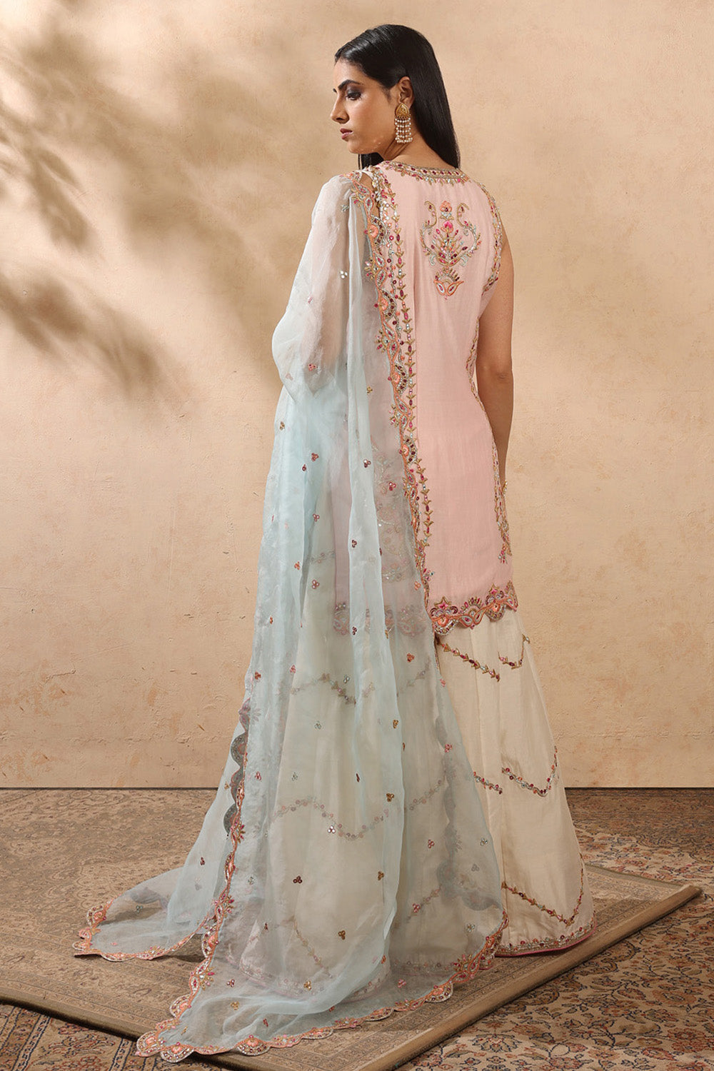 Ivory And Blue Sharara Set
