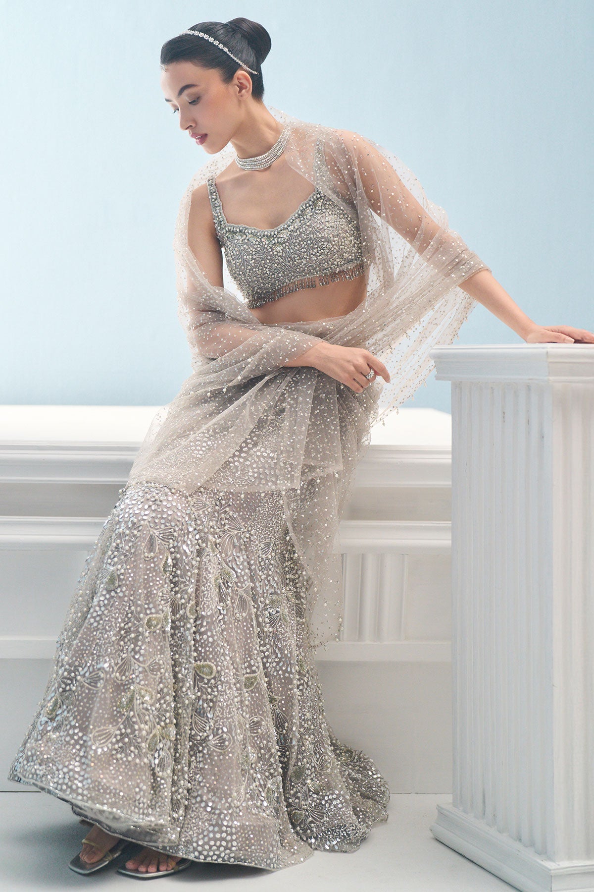 Silver Grey Tulle Drape Lehenga Set