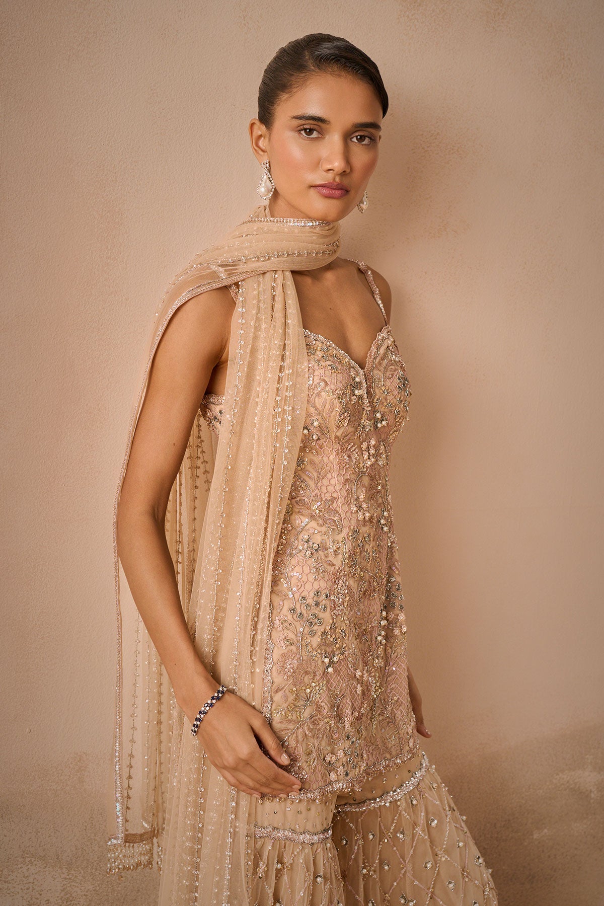 Biscuit Brown Tulle Strappy Gharara Set