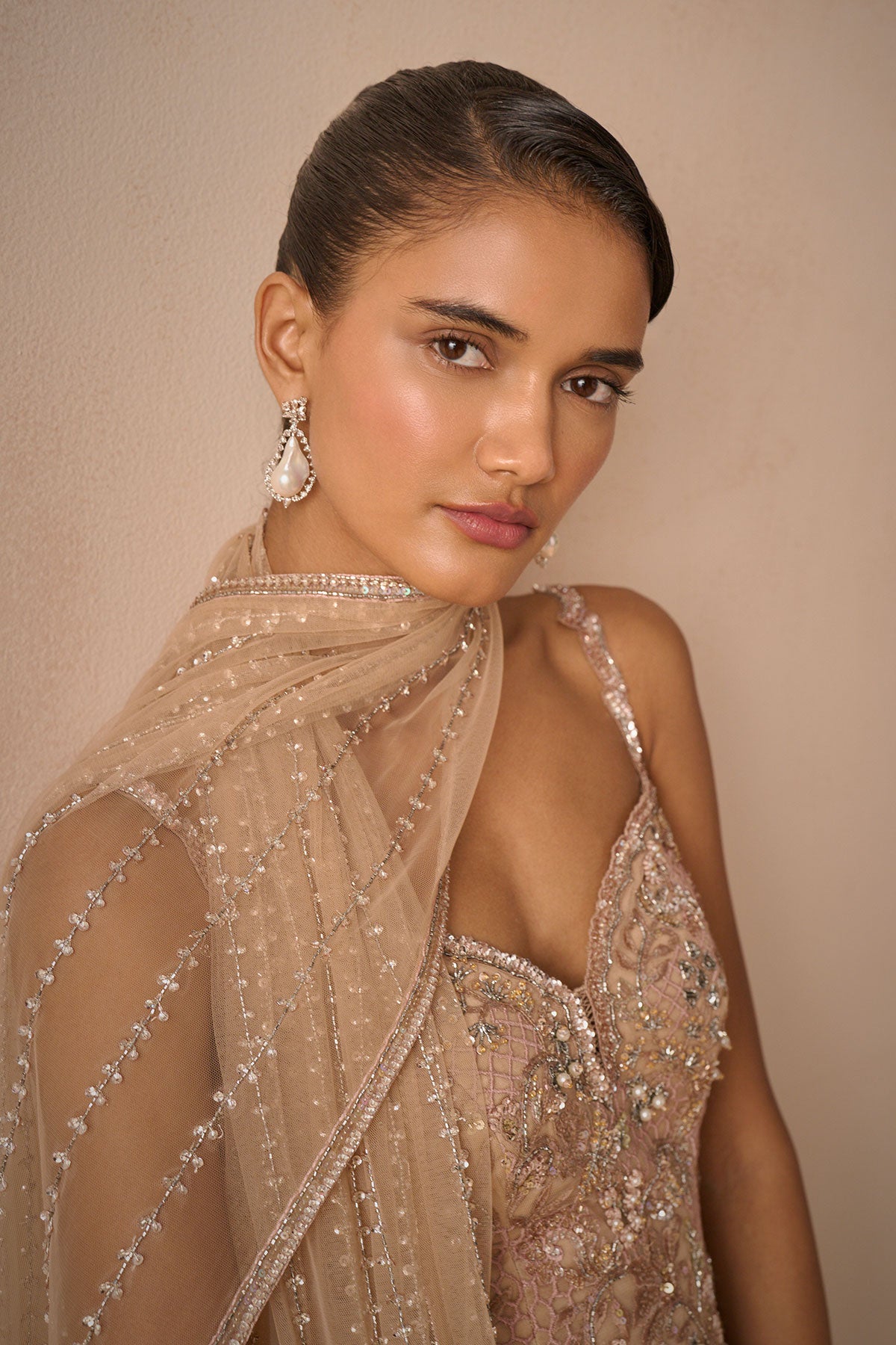 Biscuit Brown Tulle Strappy Gharara Set