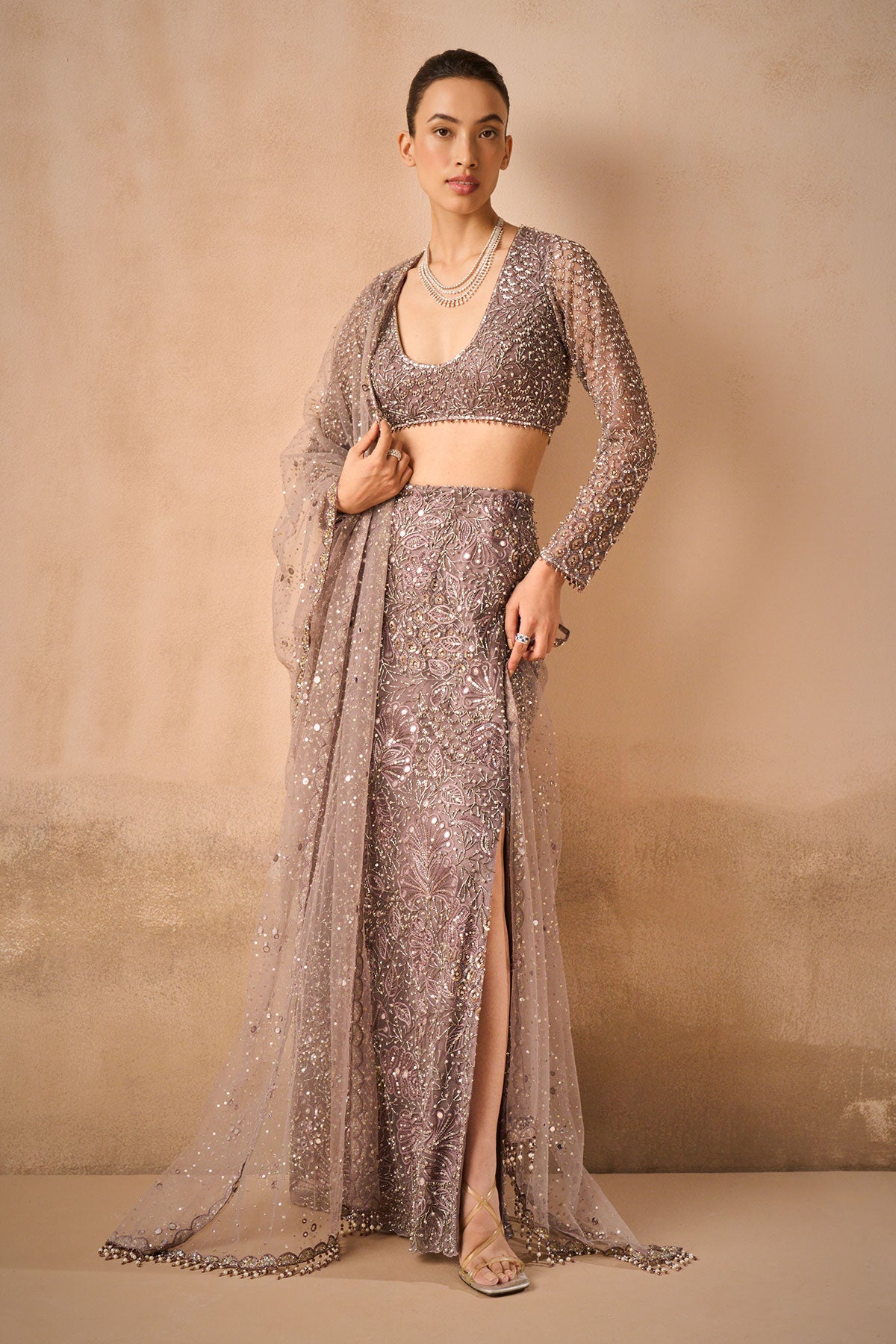 Lilac Tulle Straight Skirt With Slit