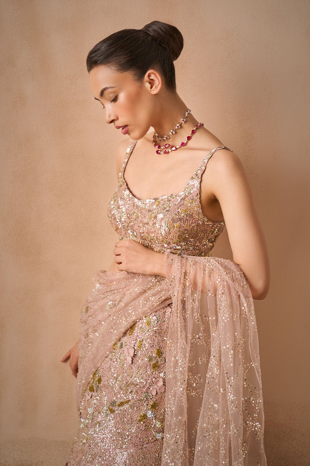 Rose Pink Georgette  Sparkle Drape Lehenga Set