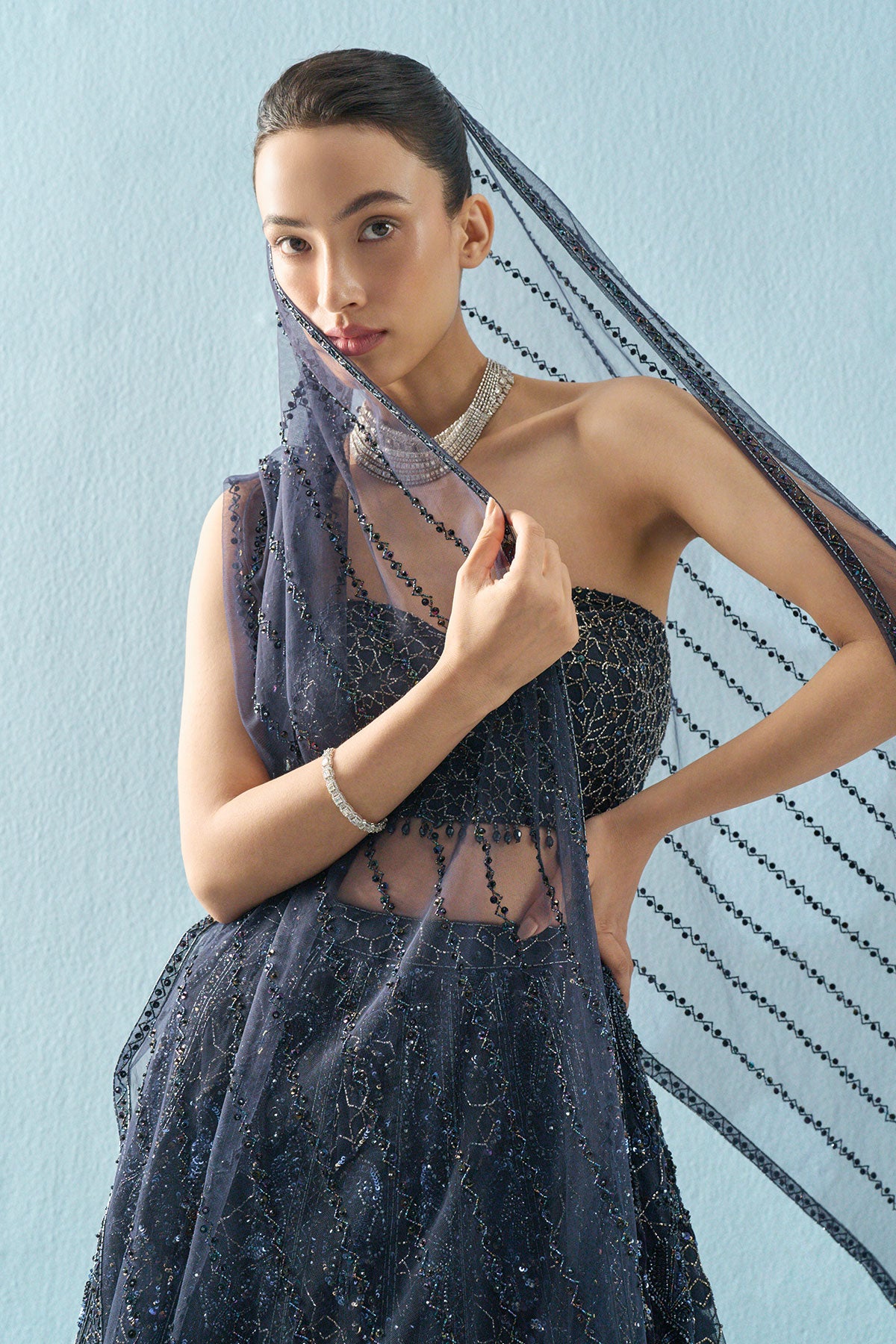 Navy Blue Tulle Lehenga Set