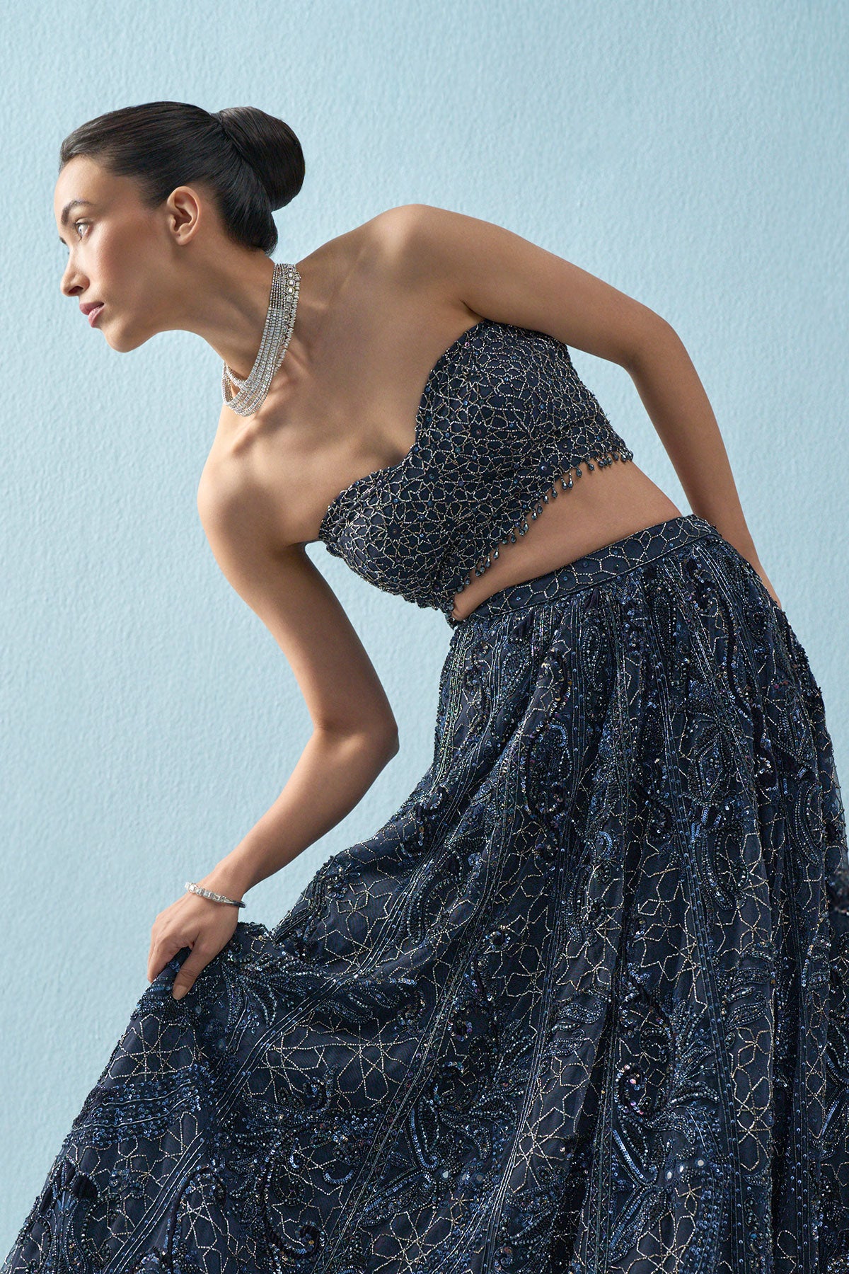 Navy Blue Tulle Lehenga Set