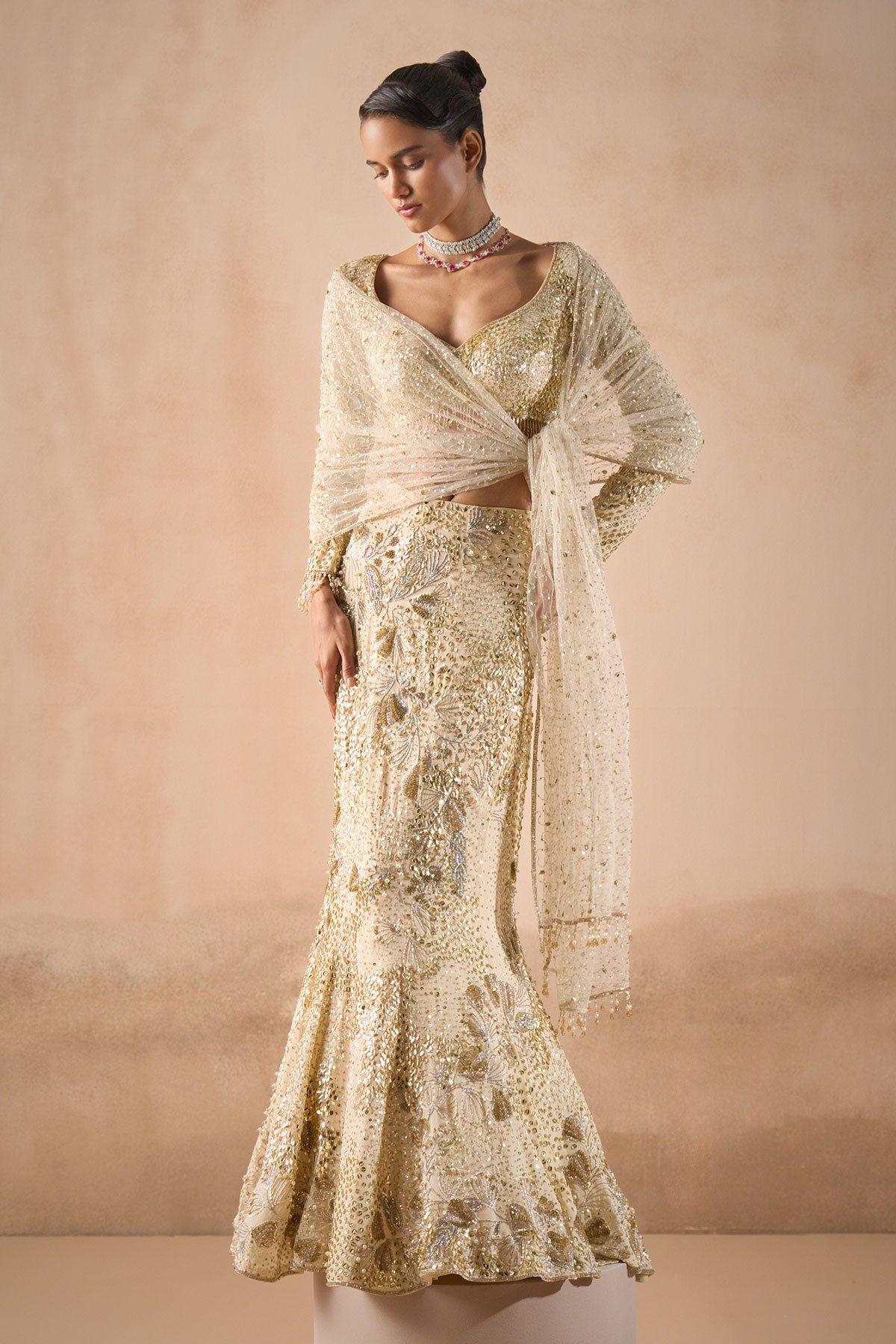 Ivory Georgette Fit And Flare Lehenga Set