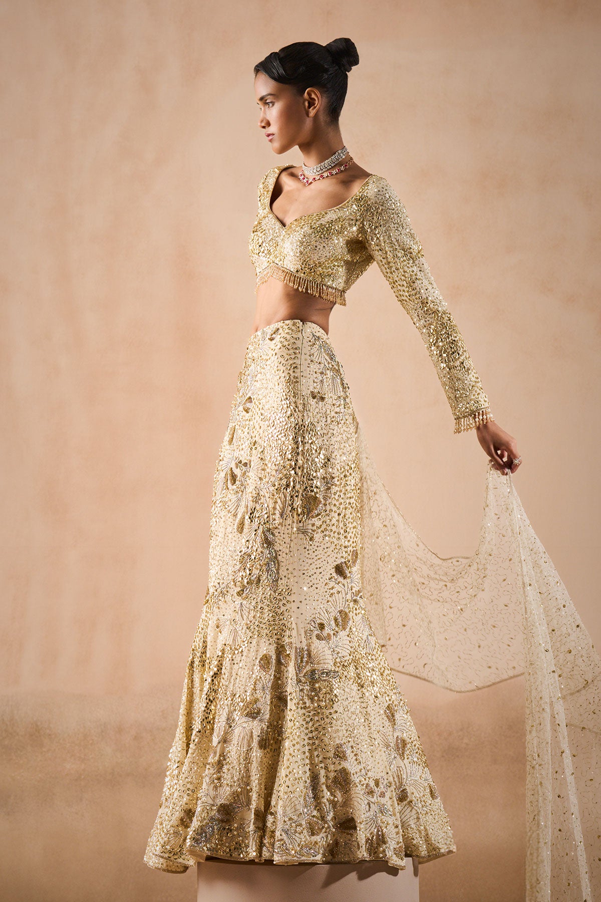 Ivory Georgette Fit And Flare Lehenga Set