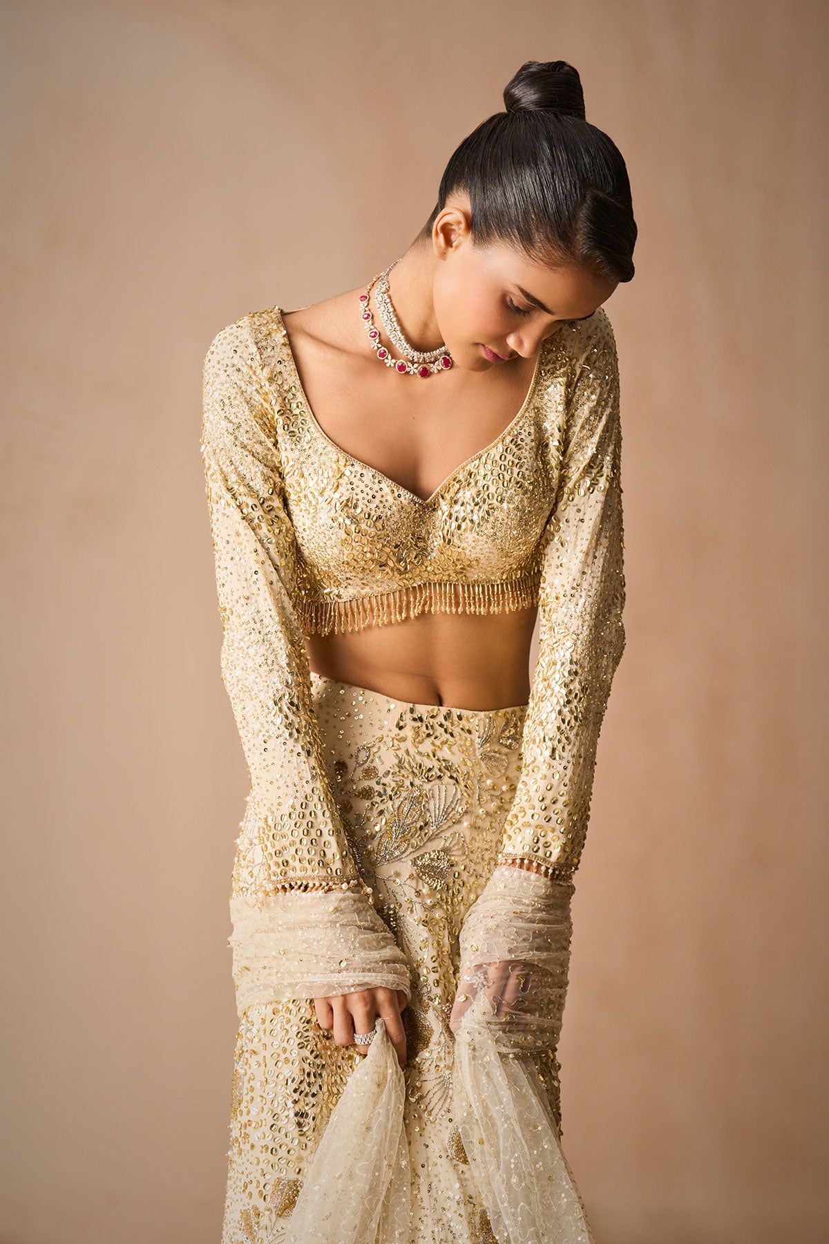 Ivory Georgette Fit And Flare Lehenga Set