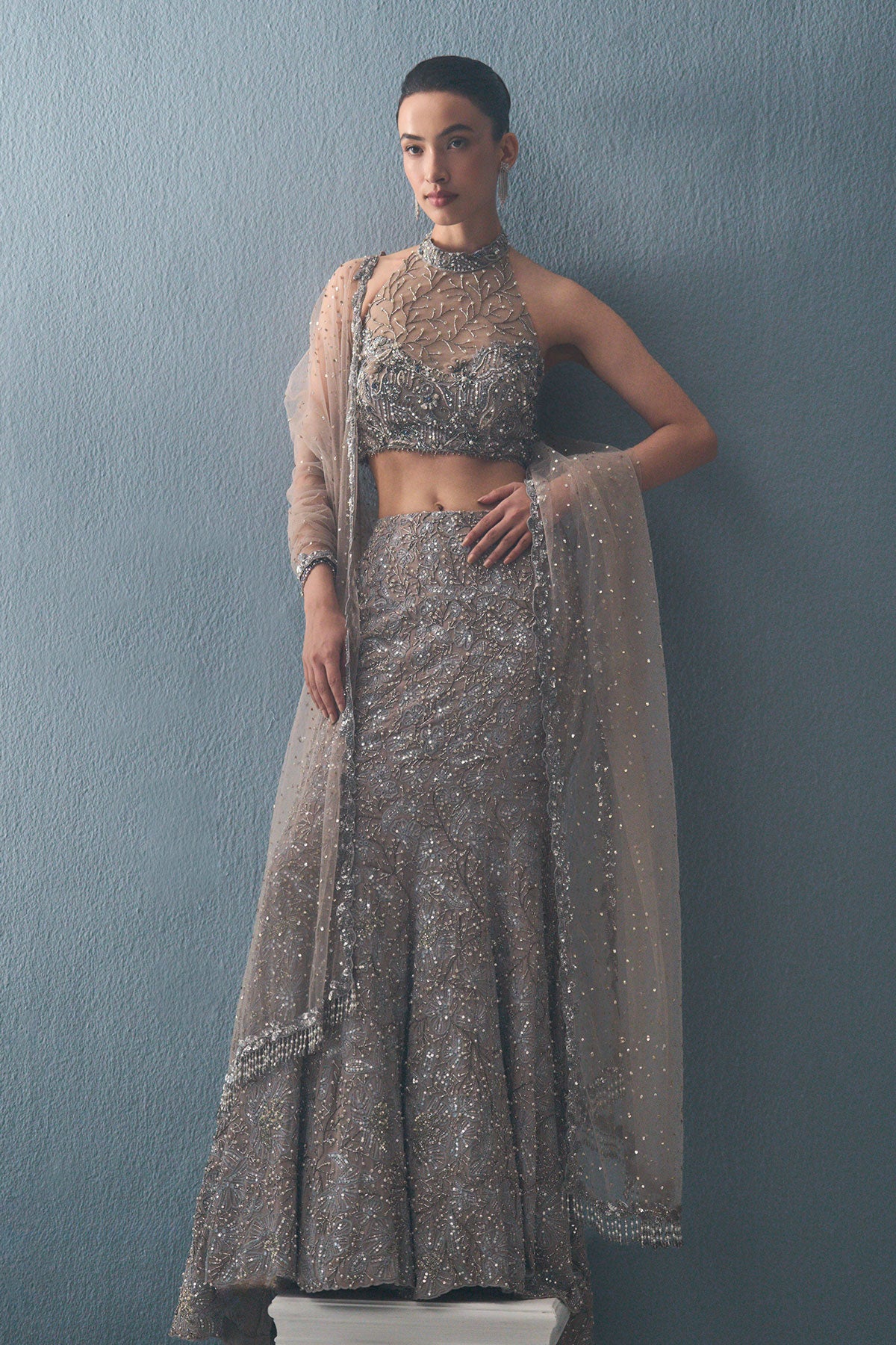 Grey Tulle Fit And Flare Lehenga Set