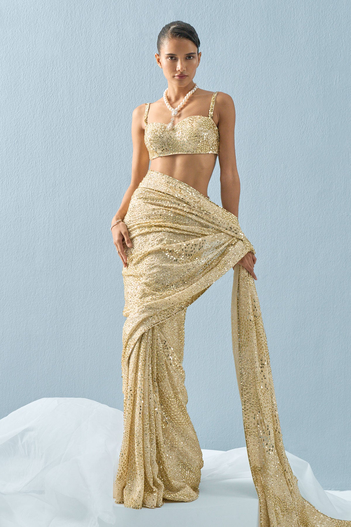 Ivory Georgette Sparkle Saree Set