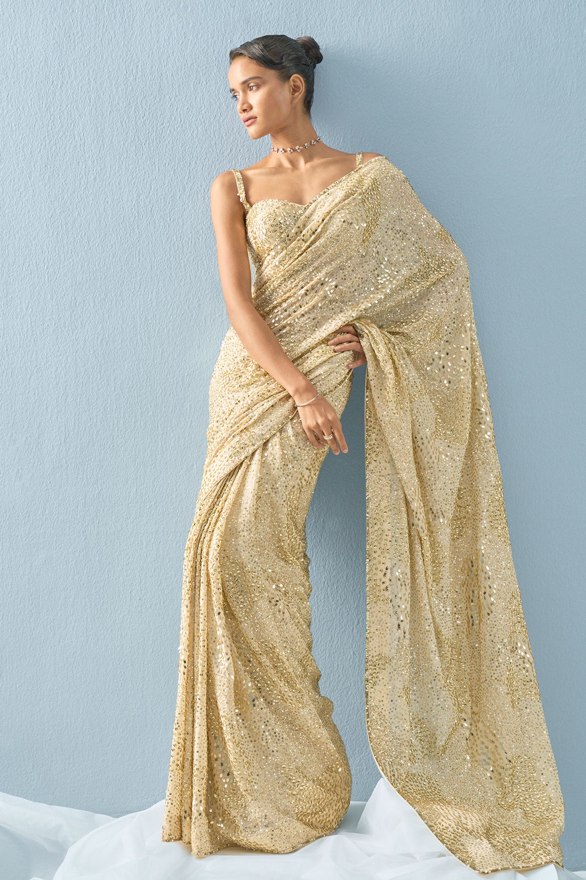 Ivory Georgette Sparkle Saree Set