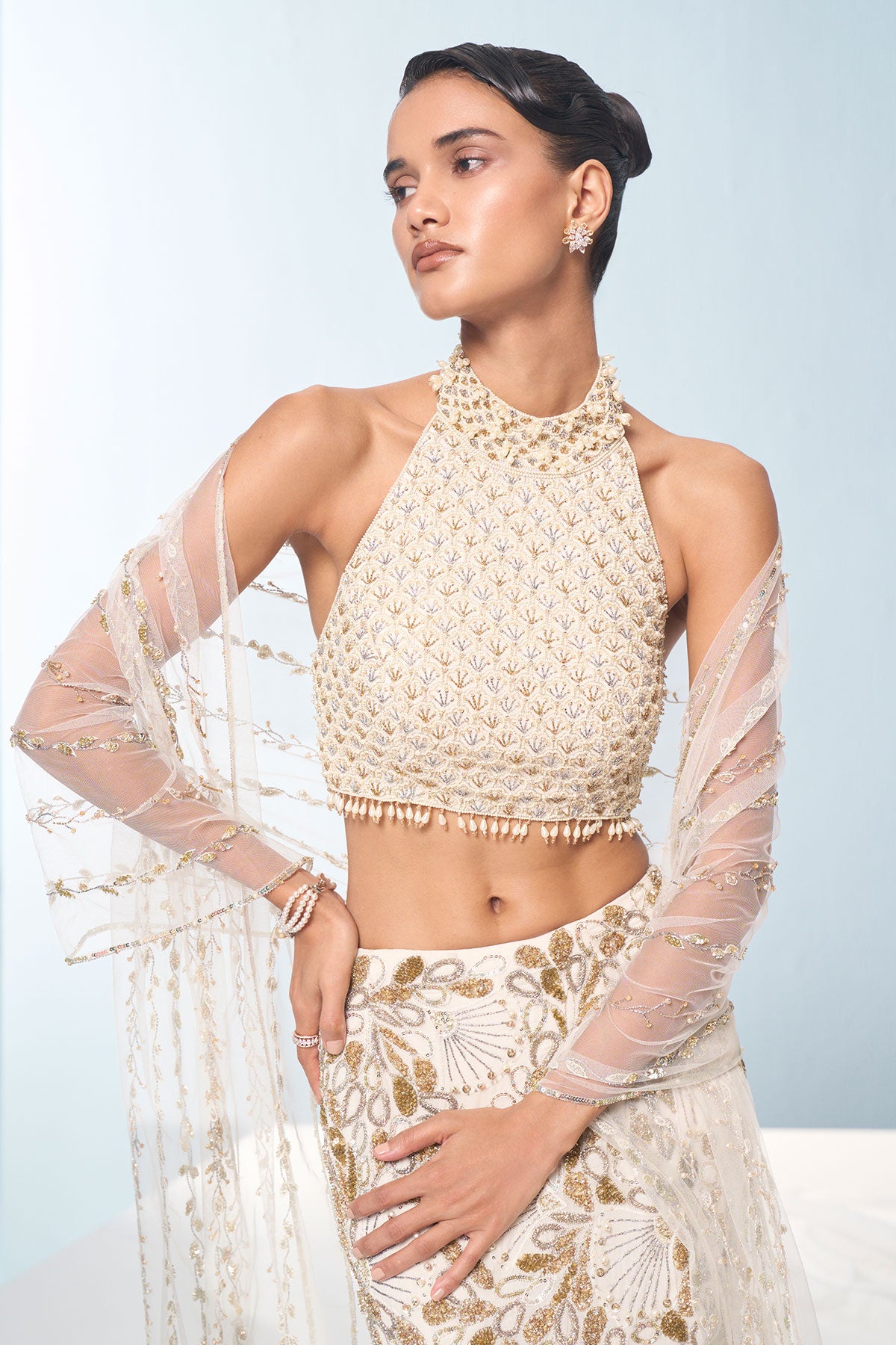 Ivory Georgette Fit And Flare Lehenga Set