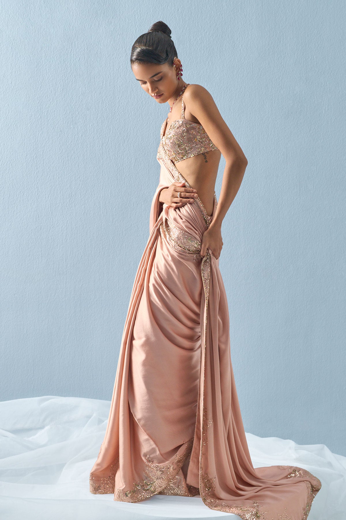 Nude Pink Satin Saree Set
