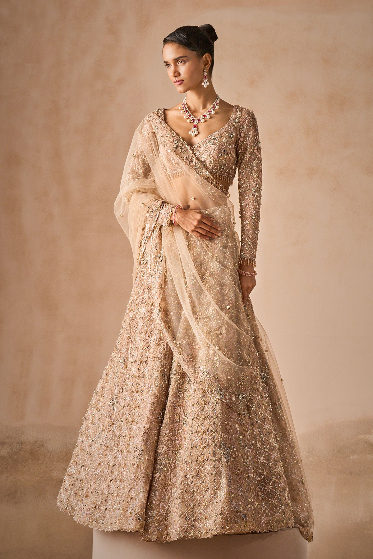Beige Nude Tulle Lehenga Set