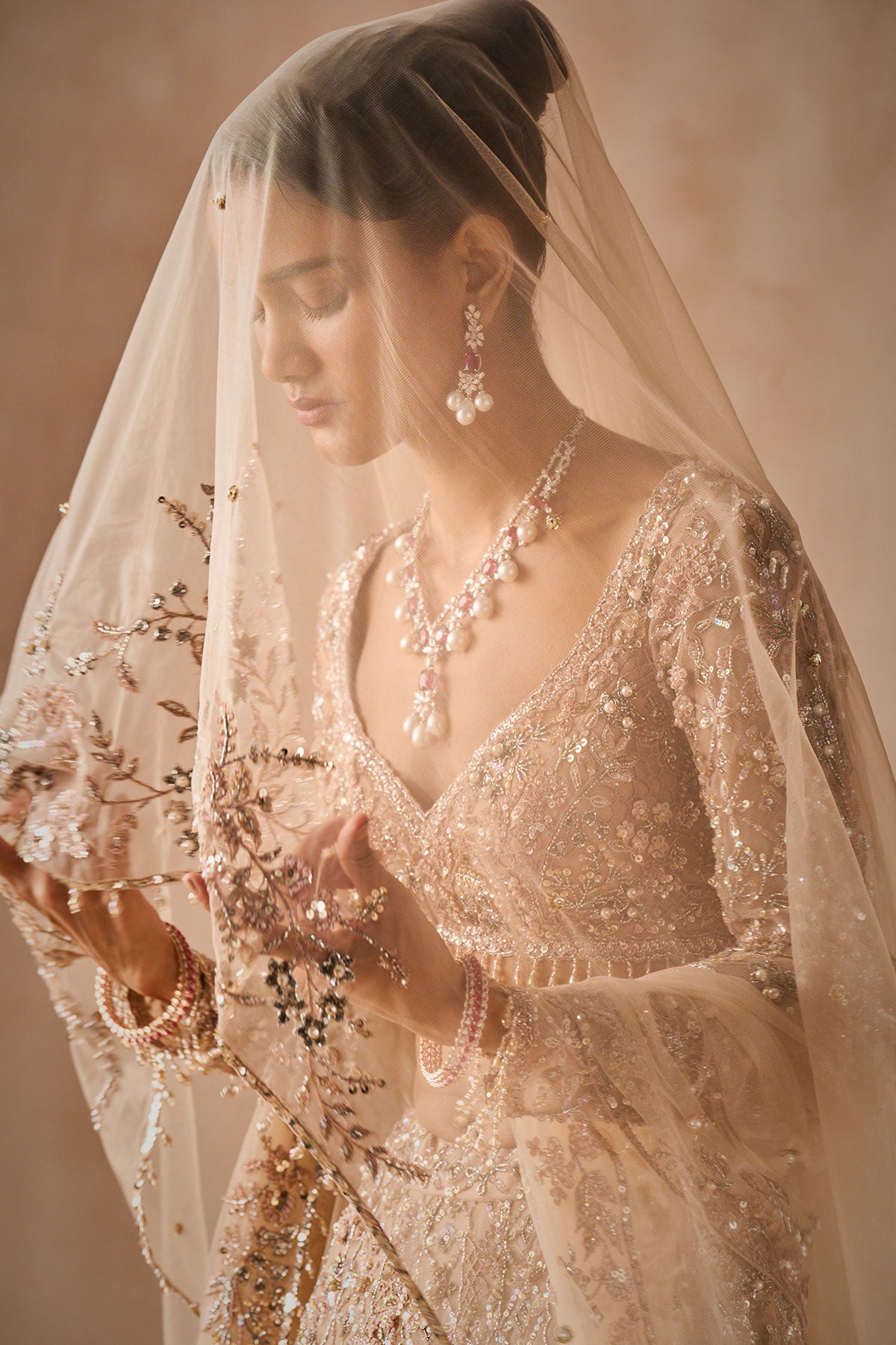 Beige Nude Tulle Lehenga Set