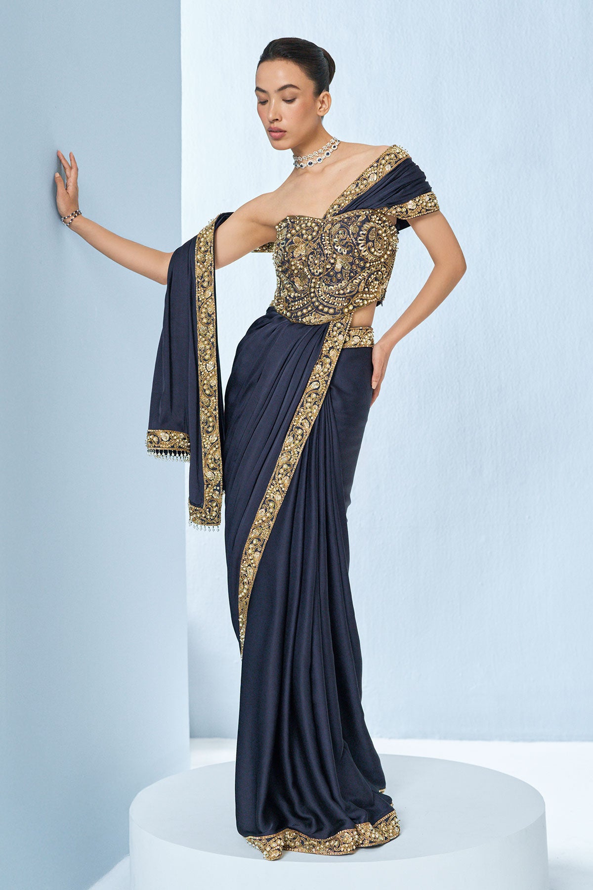 Midnight Blue Satin Saree And Corset Blouse