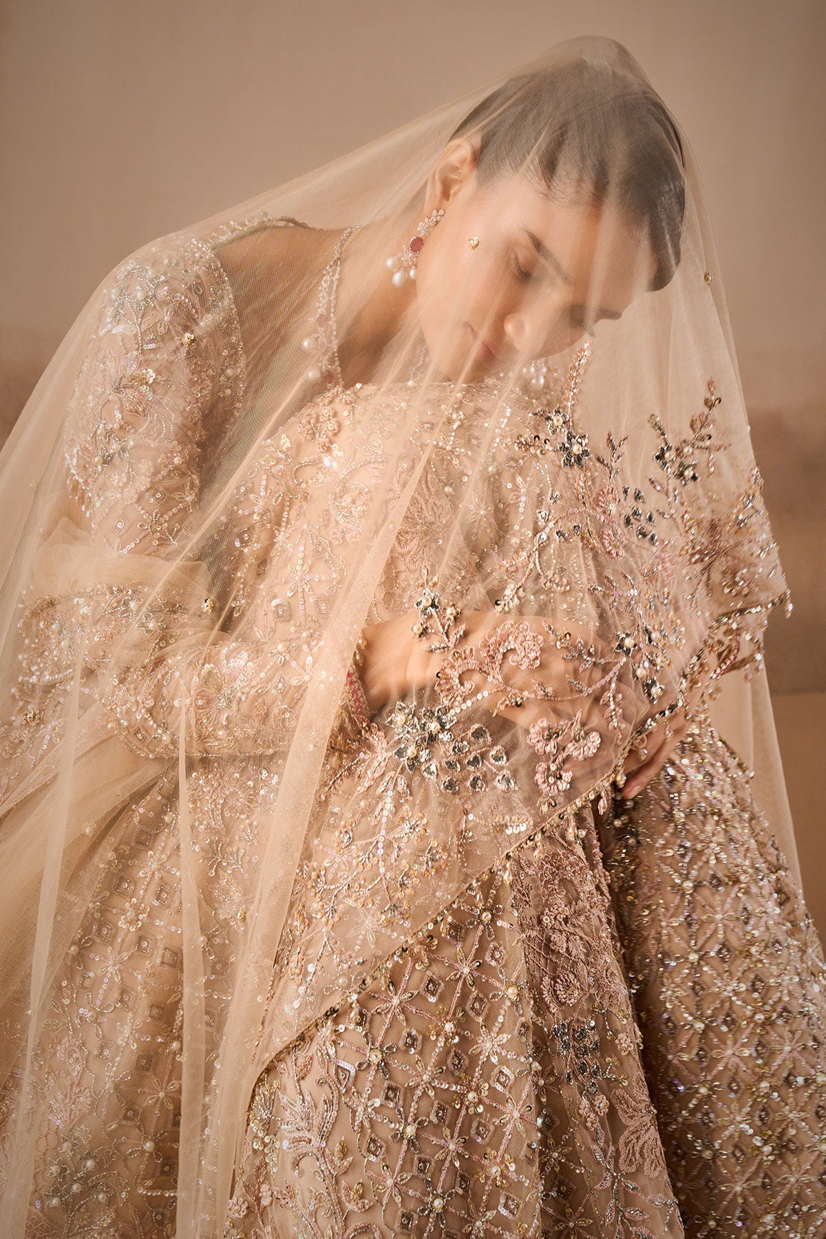 Beige Nude Tulle Lehenga Set