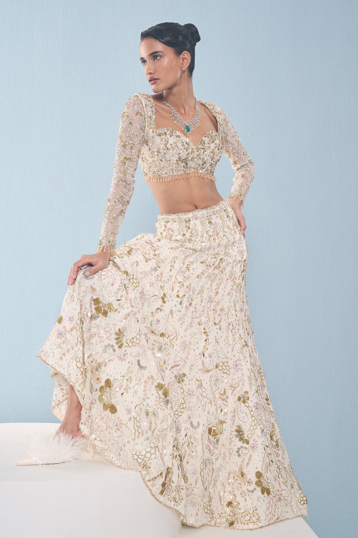 Ivory Georgette Fitted Lehenga Set