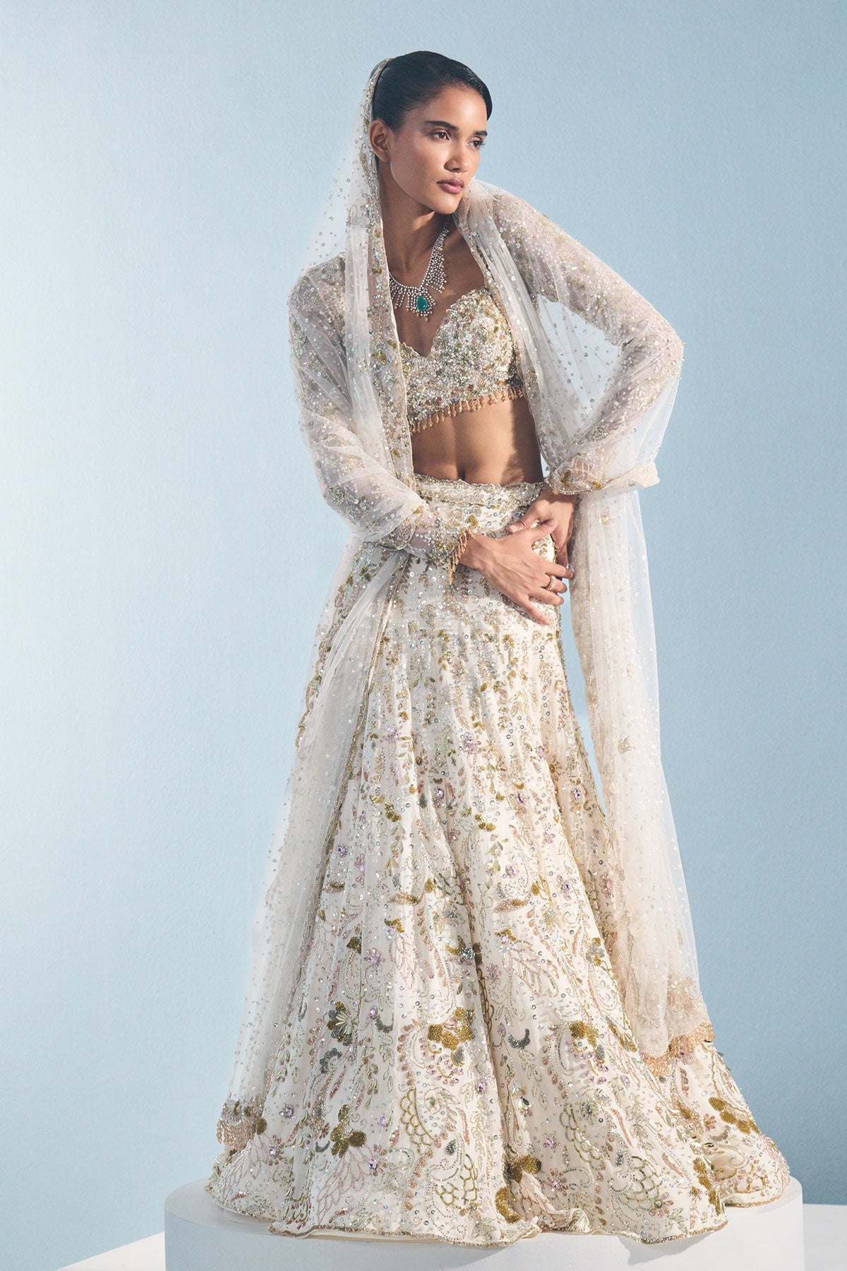 Ivory Georgette Fitted Lehenga Set