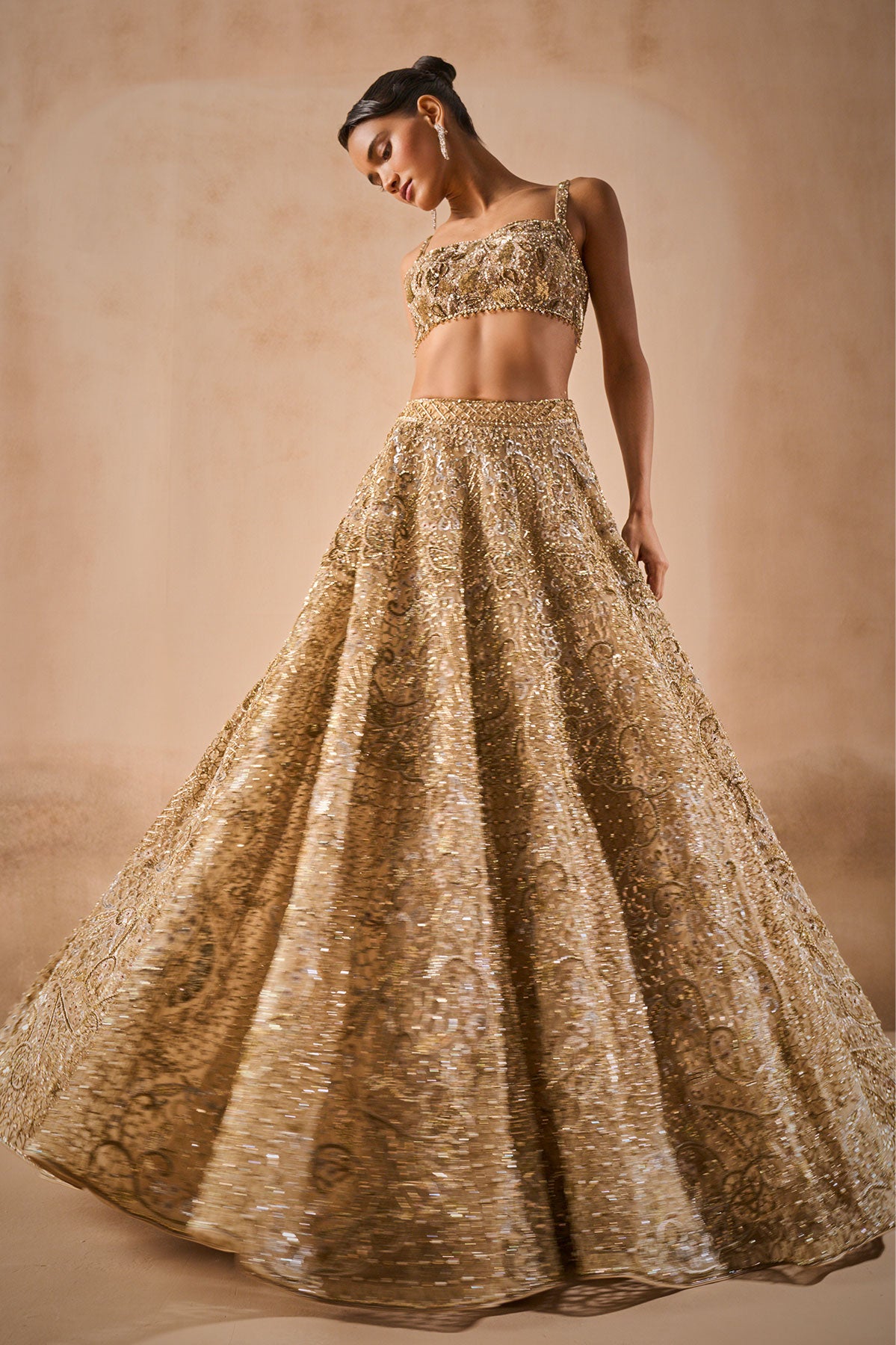 Beige Gold Tulle Sparkle Lehenga Set