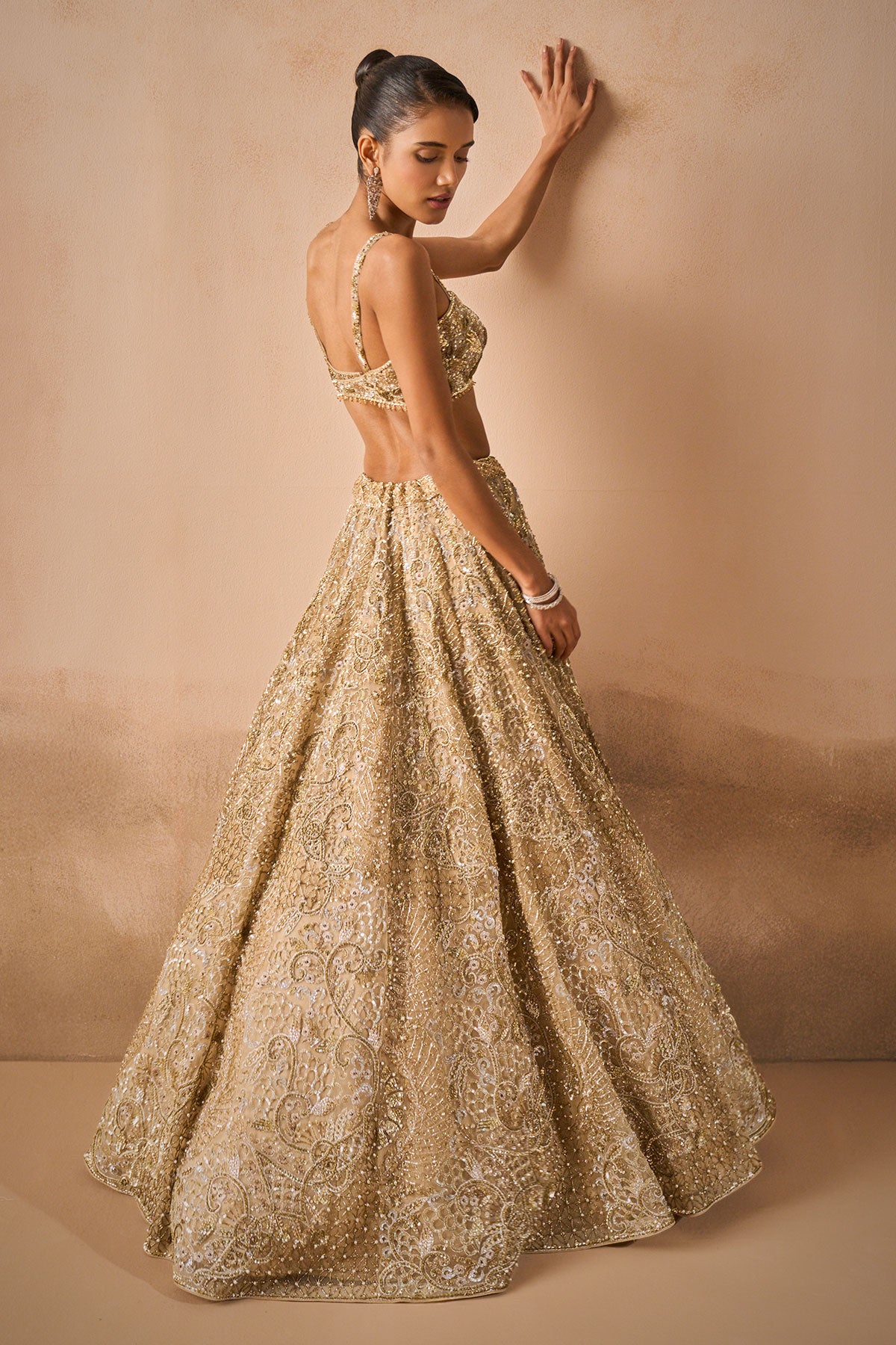 Beige Gold Tulle Sparkle Lehenga Set