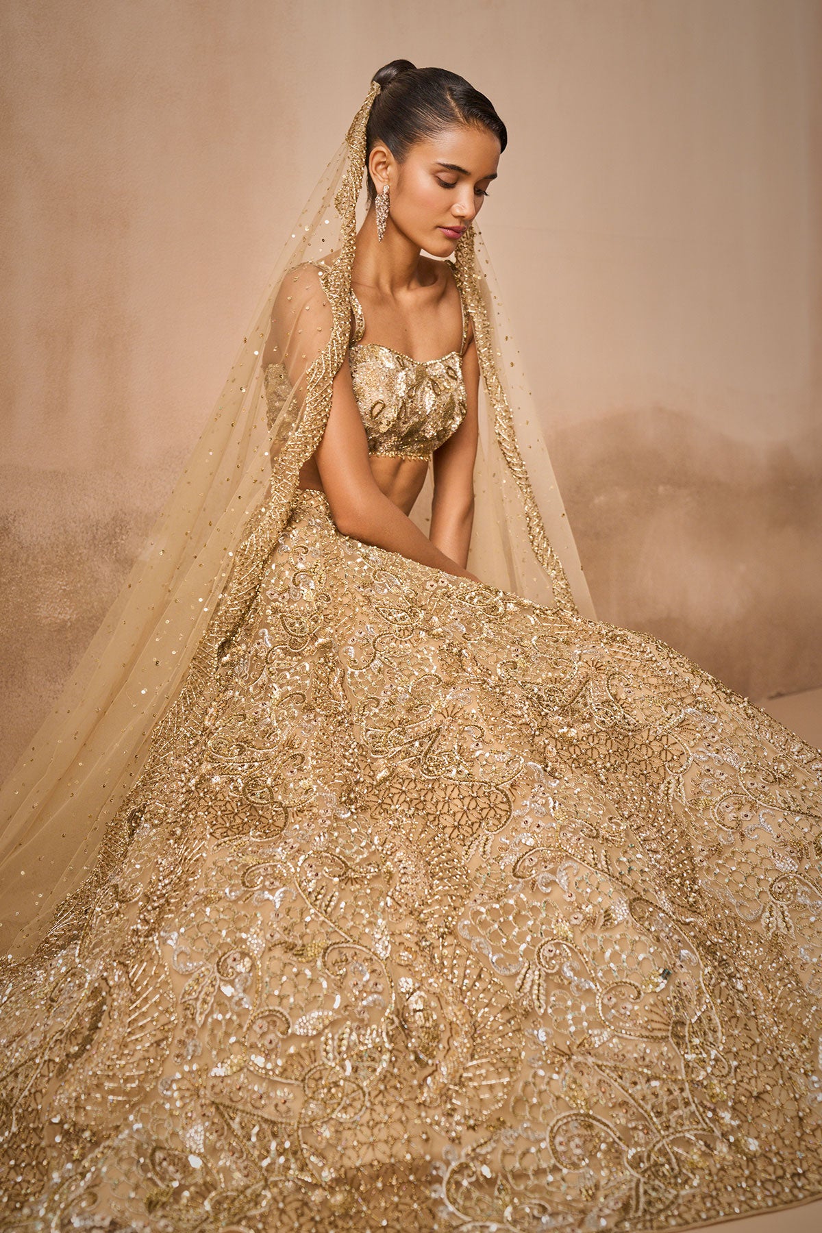Beige Gold Tulle Sparkle Lehenga Set