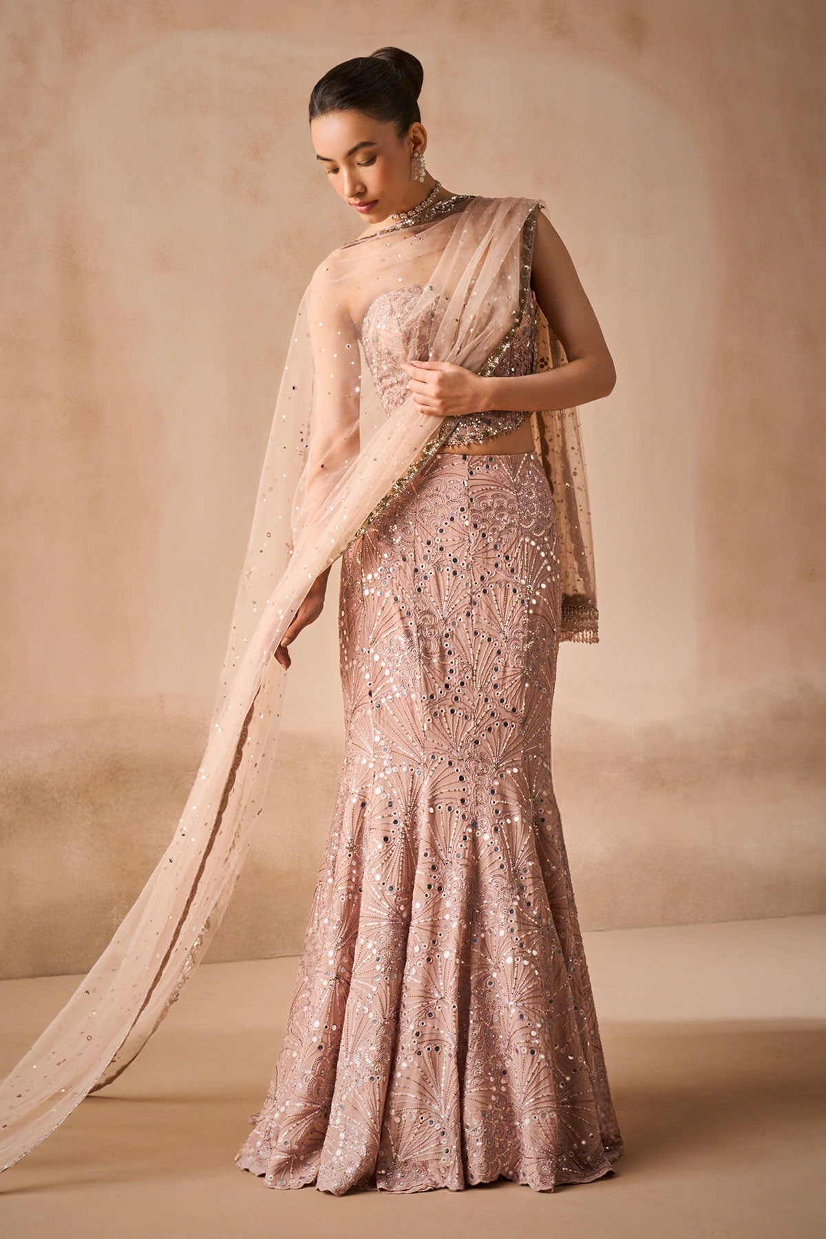 Mauve Pink Georgette Fit And Flare Lehenga Set