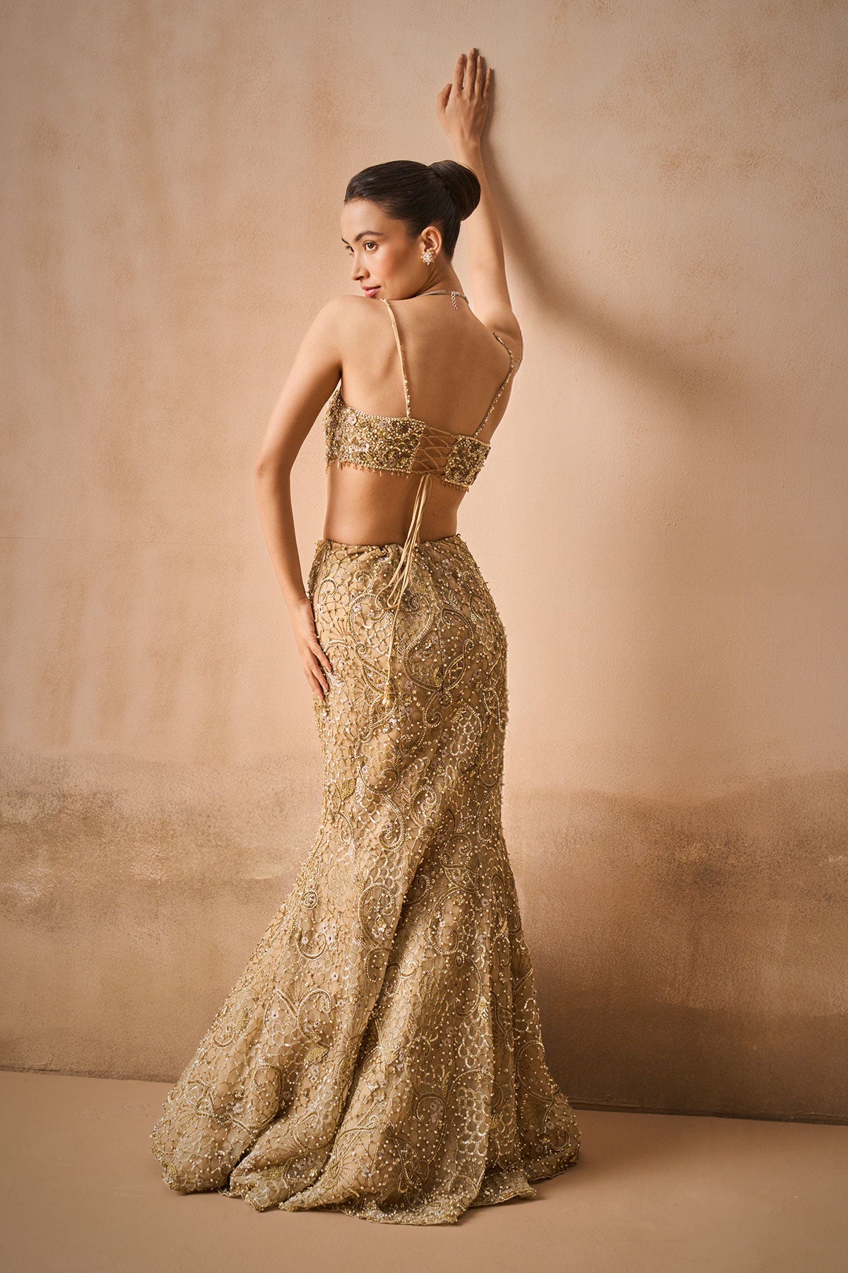 Beige Gold Sparkle Tulle Fit And Flare Lehenga Set