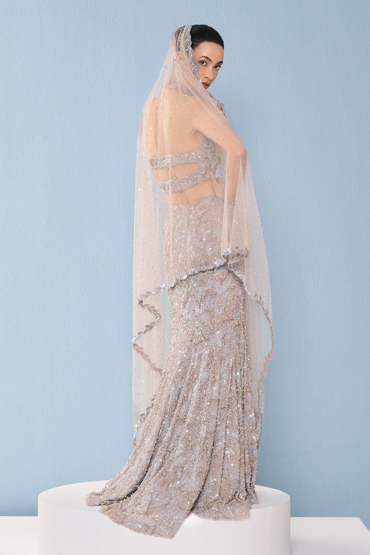 Grey Tulle Fit And Flare Lehenga Set