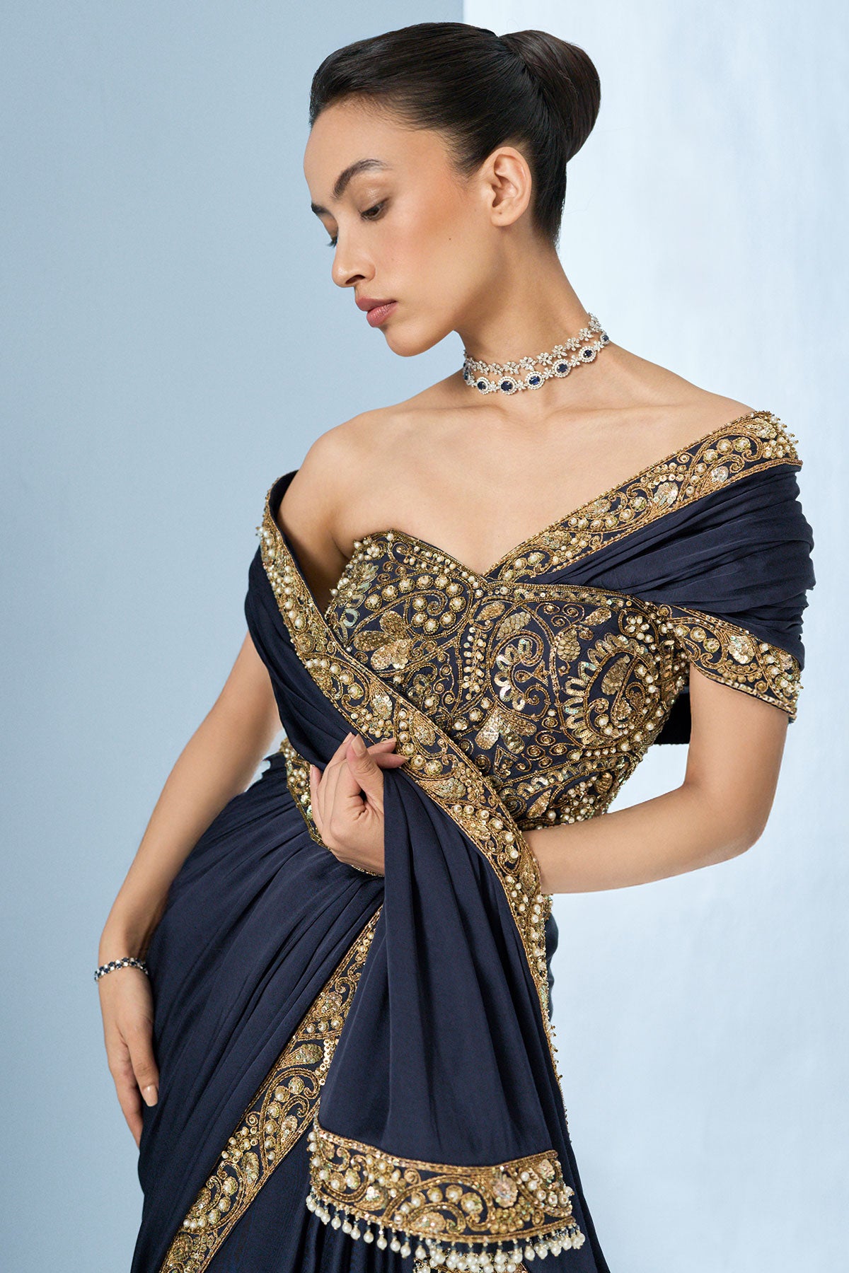 Midnight Blue Satin Saree And Corset Blouse