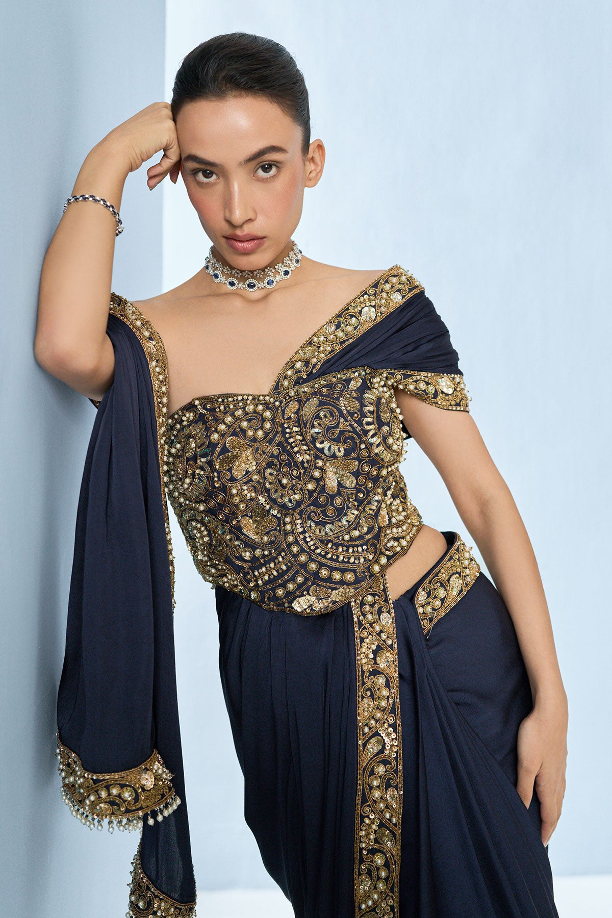 Midnight Blue Satin Saree And Corset Blouse
