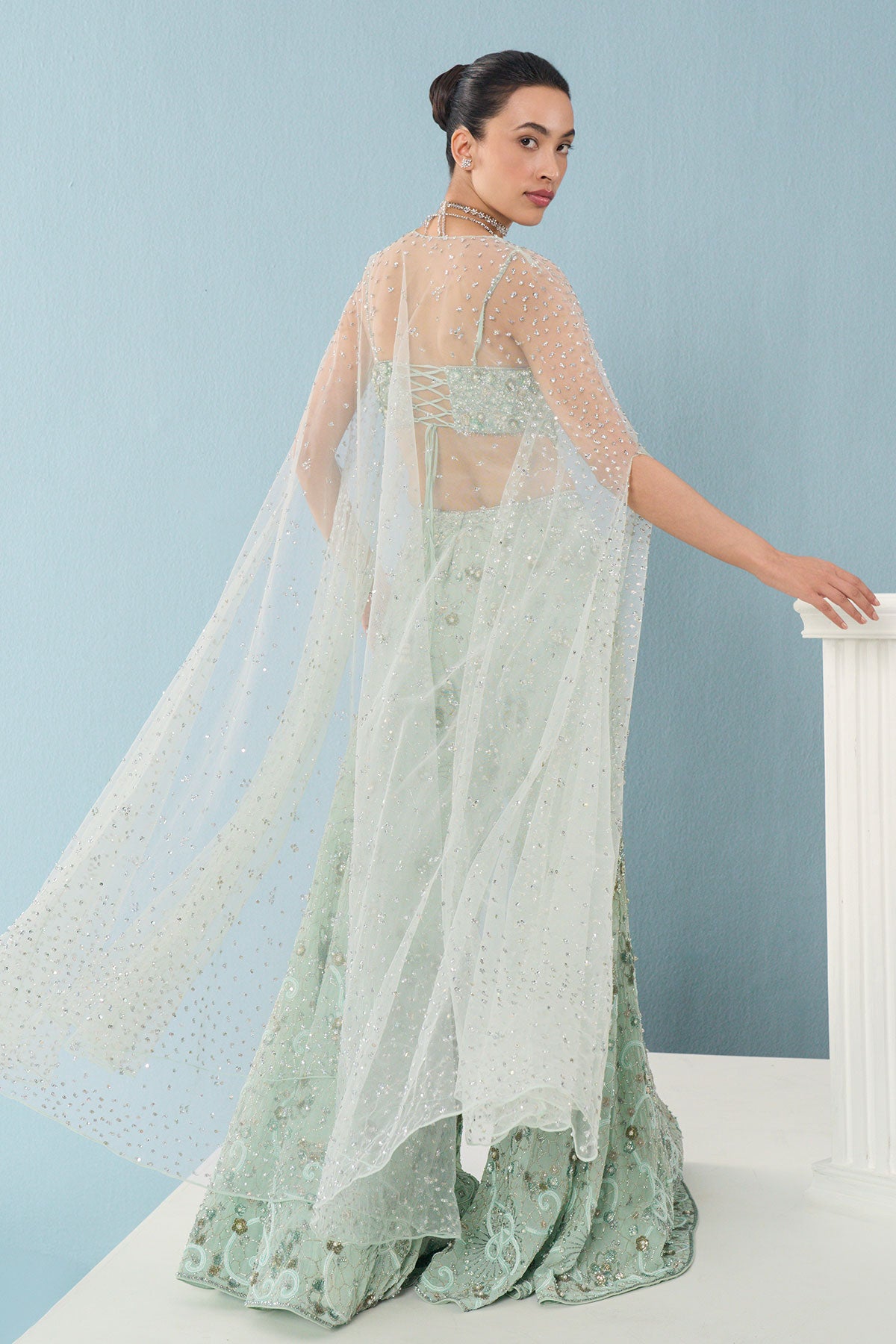 Sea Green Georgette High Waist Sharara And Cape Set