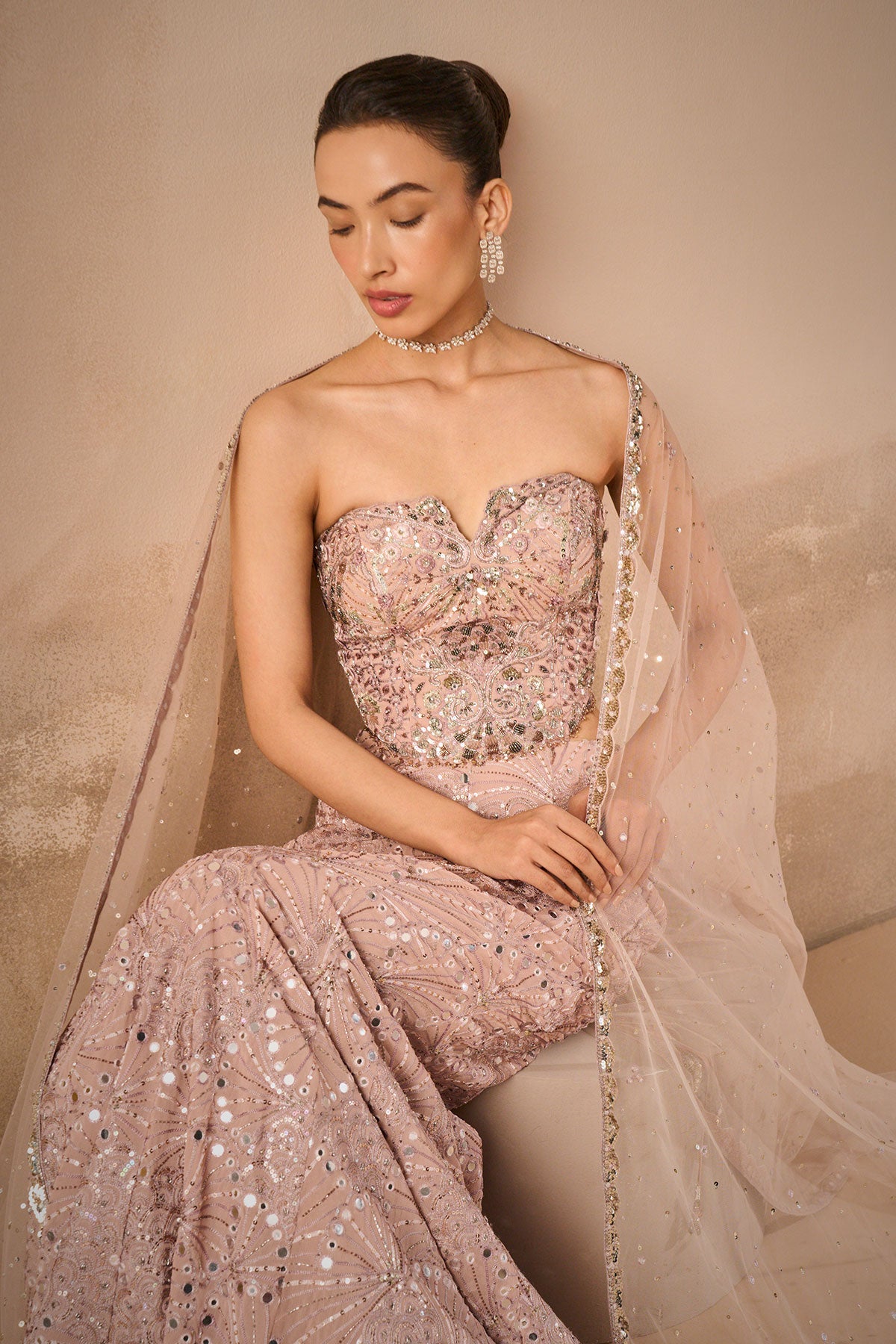 Mauve Pink Georgette Fit And Flare Lehenga Set