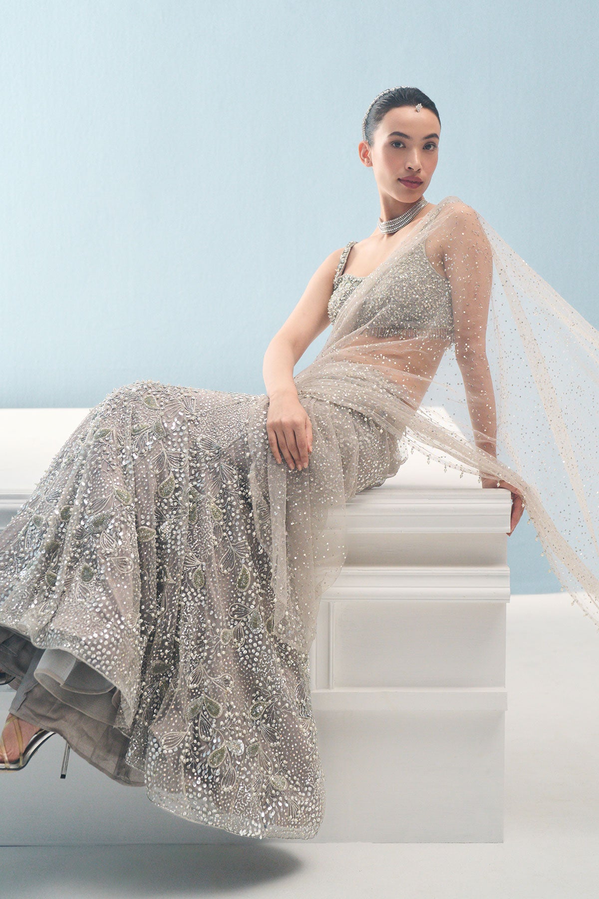 Silver Grey Tulle Drape Lehenga Set