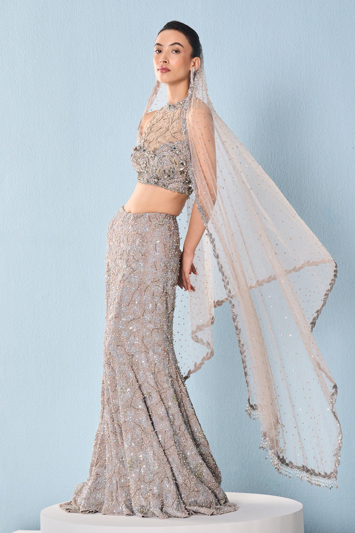 Grey Tulle Fit And Flare Lehenga Set