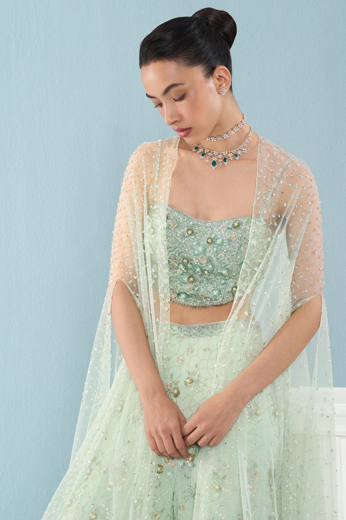 Sea Green Georgette High Waist Sharara And Cape Set