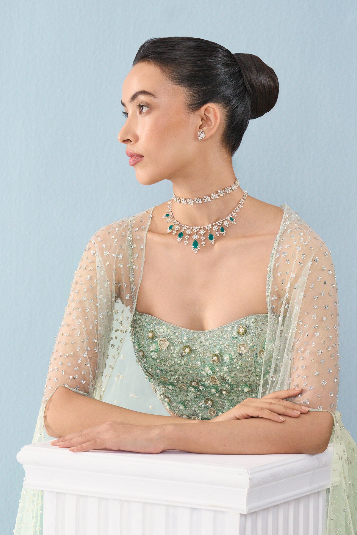 Sea Green Georgette High Waist Sharara And Cape Set