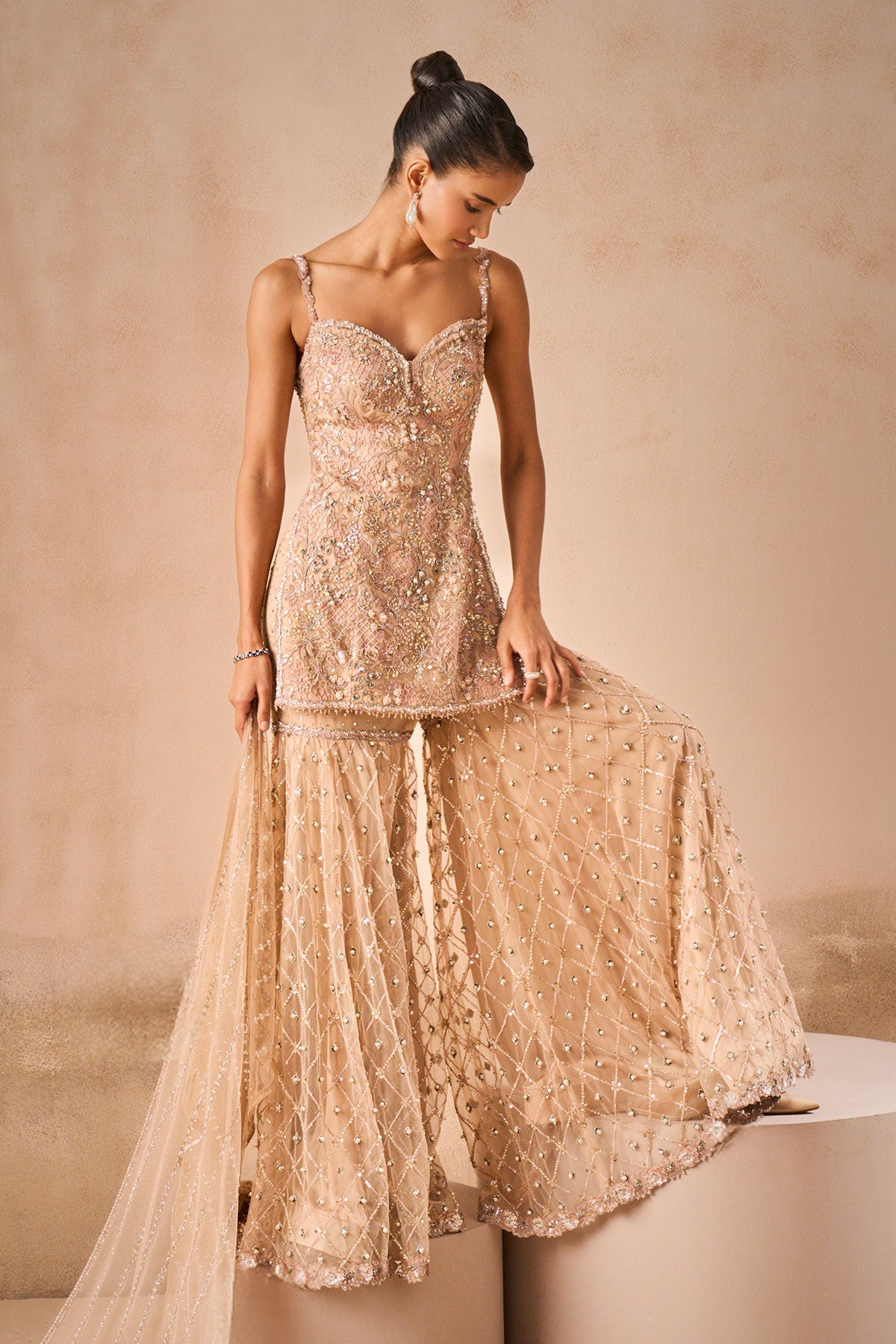 Biscuit Brown Tulle Strappy Gharara Set