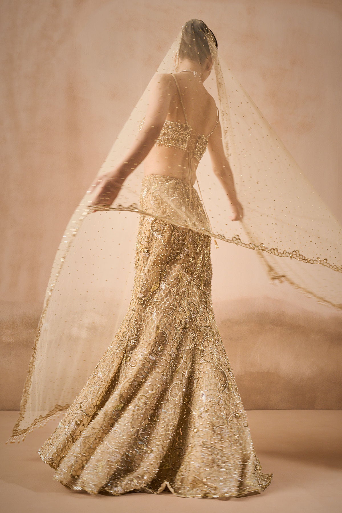 Beige Gold Sparkle Tulle Fit And Flare Lehenga Set