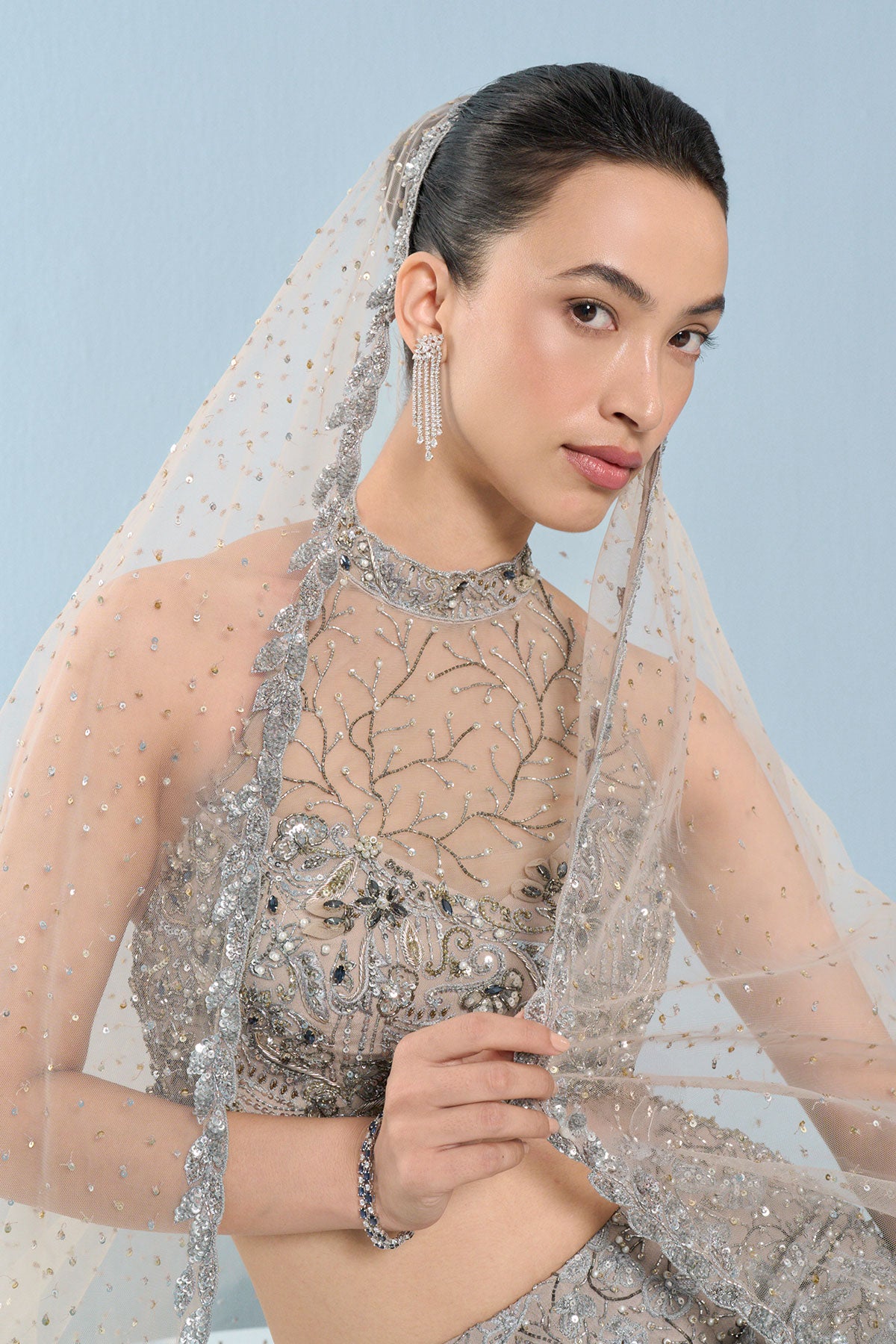 Grey Tulle Fit And Flare Lehenga Set