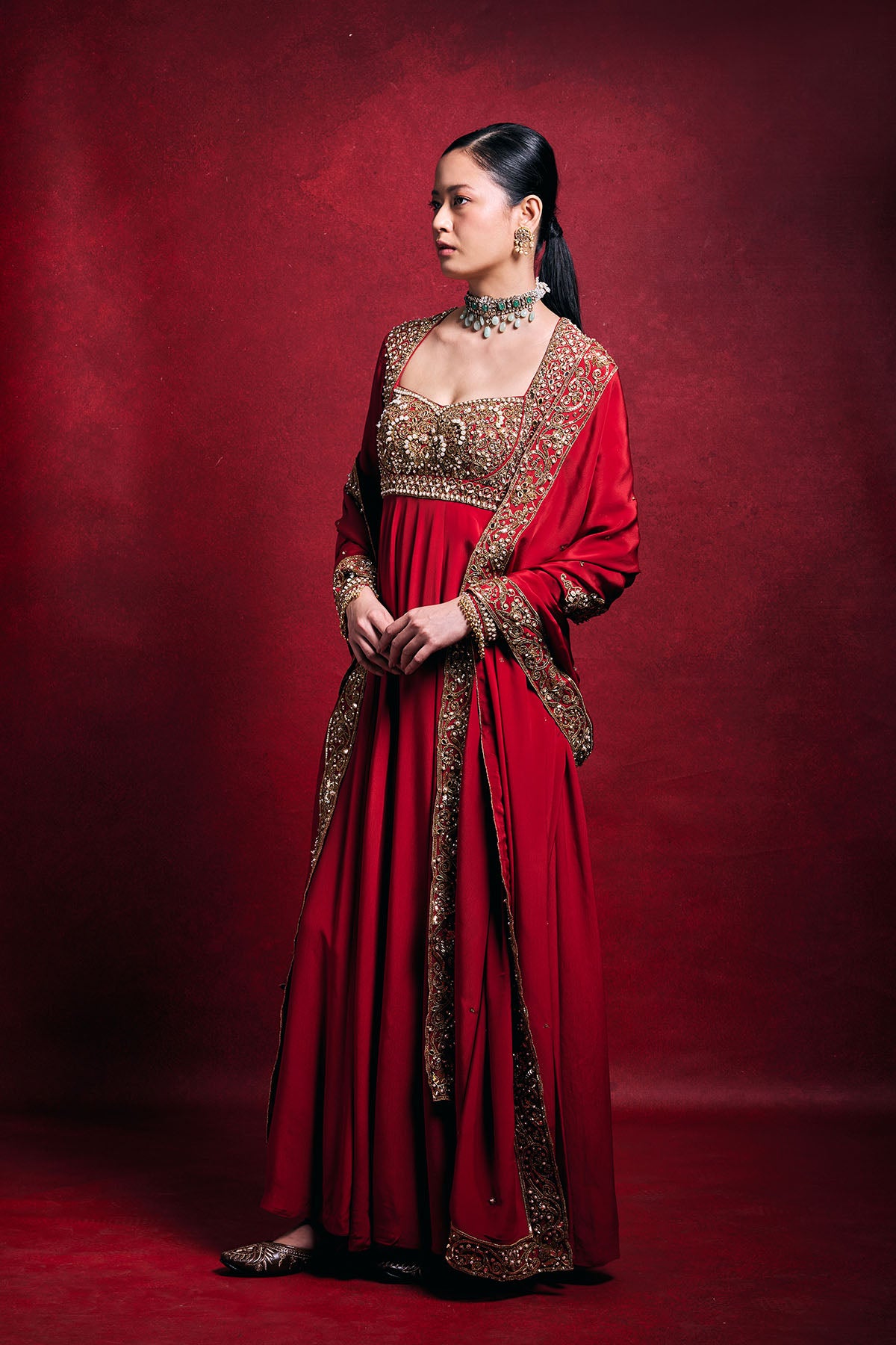 Red Crepe Anarkali Set