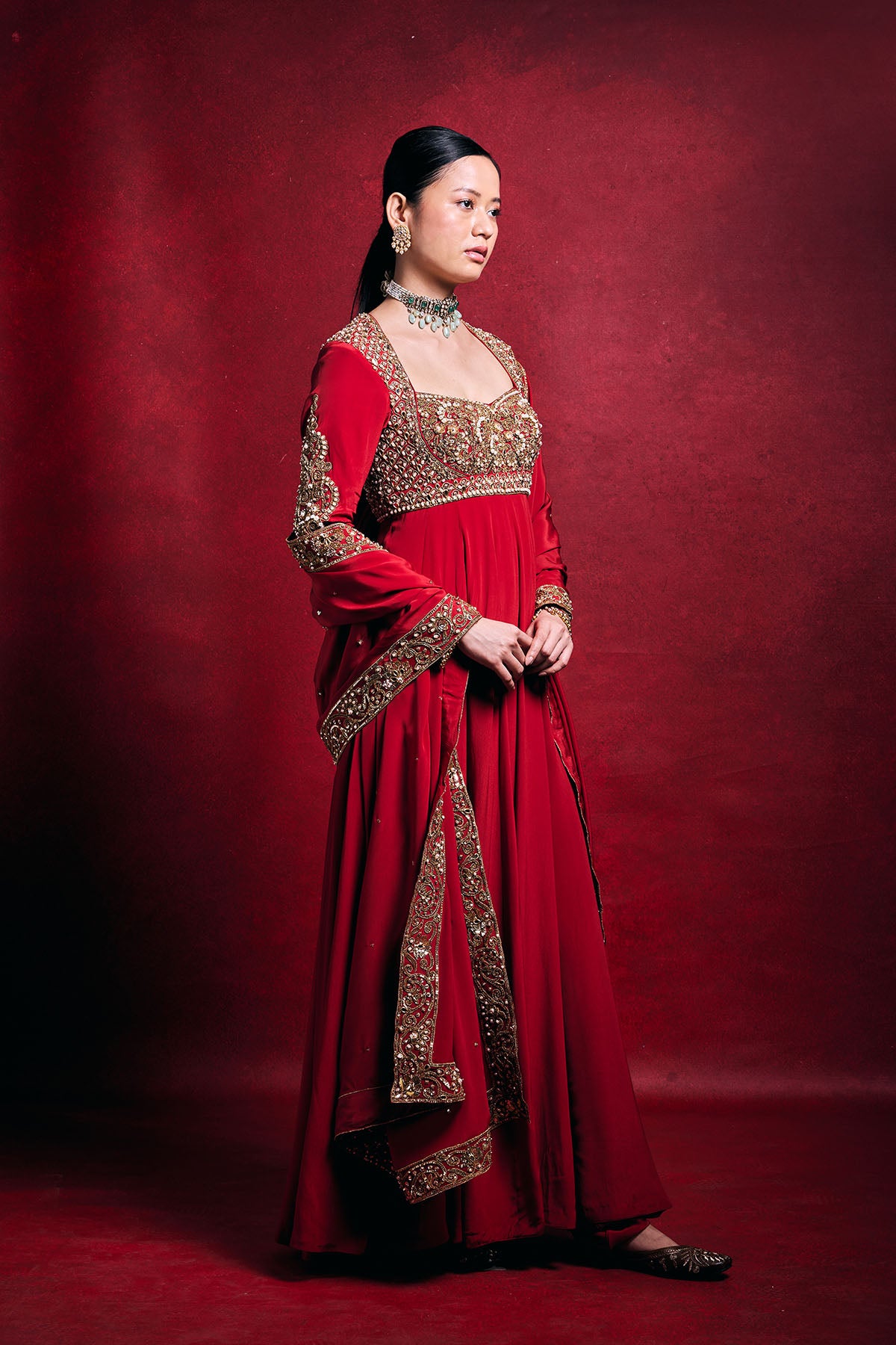 Red Crepe Anarkali Set