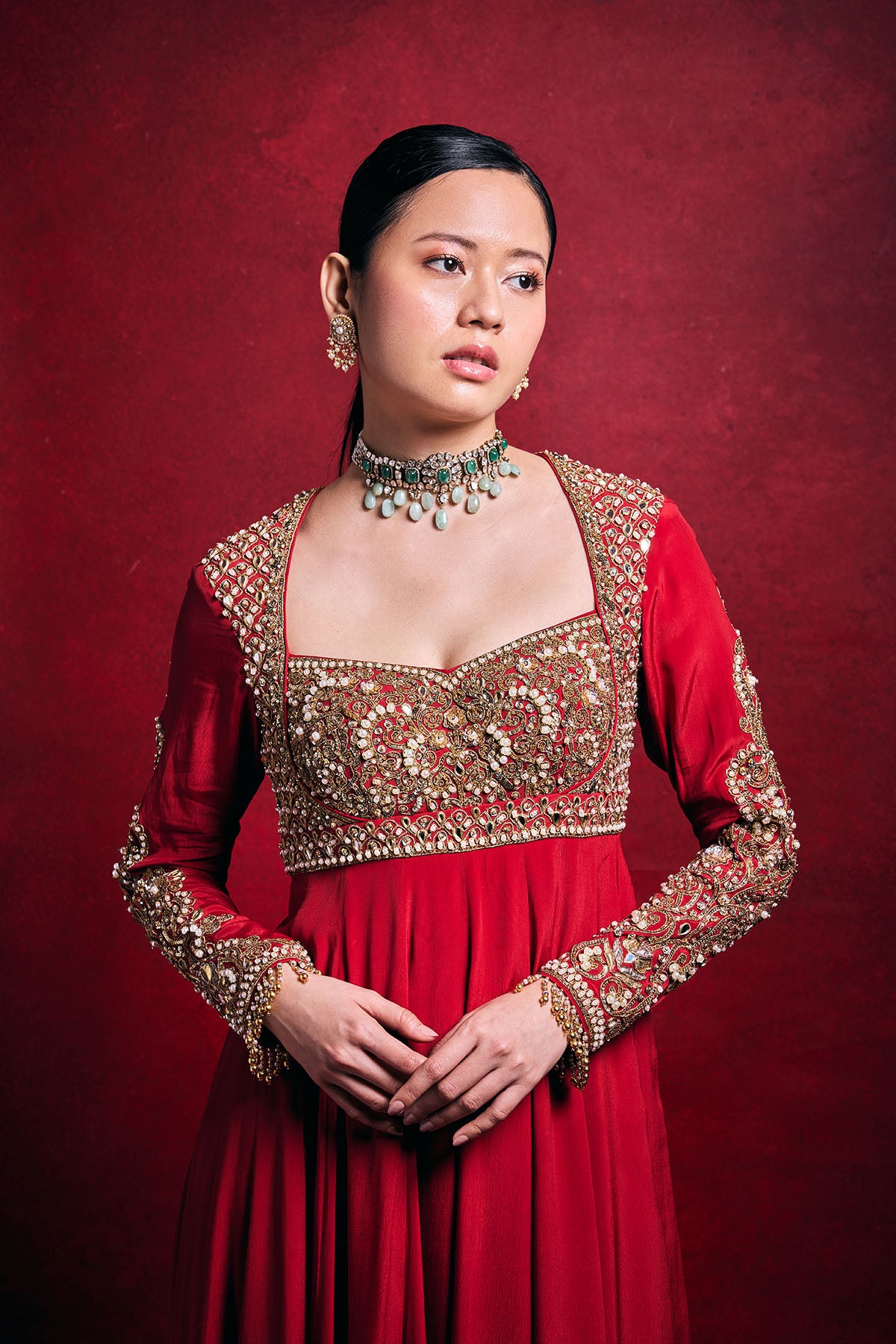 Red Crepe Anarkali Set