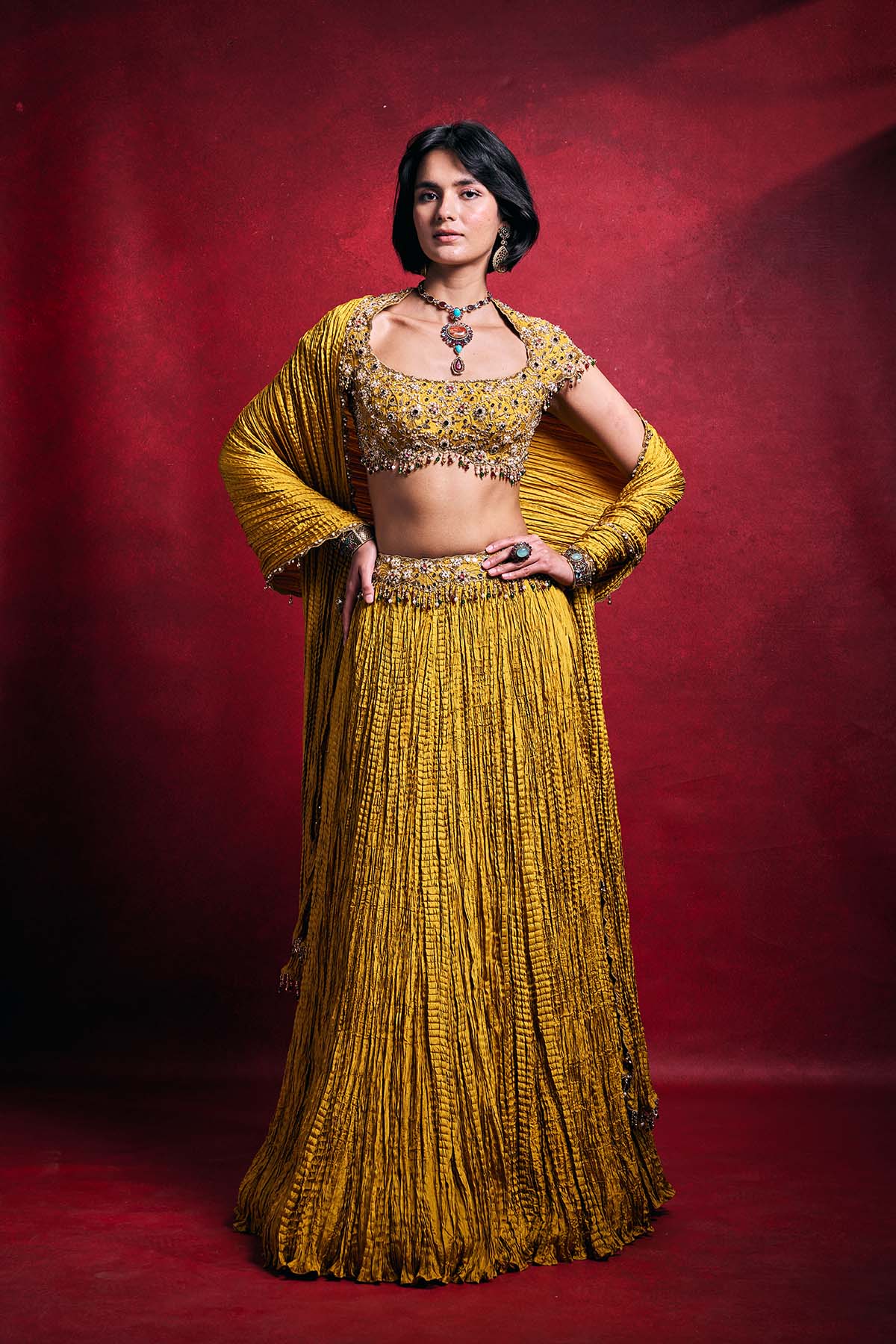 Mustard Crushed Lehenga Set