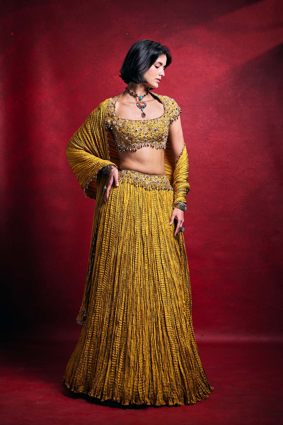 Mustard Crushed Lehenga Set
