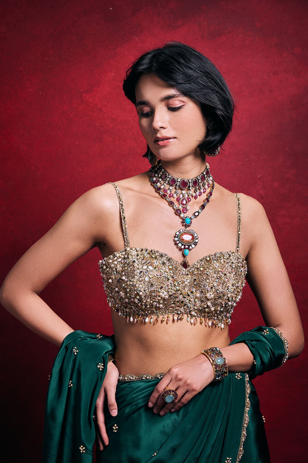 Emerald Green Crepe Saree Set