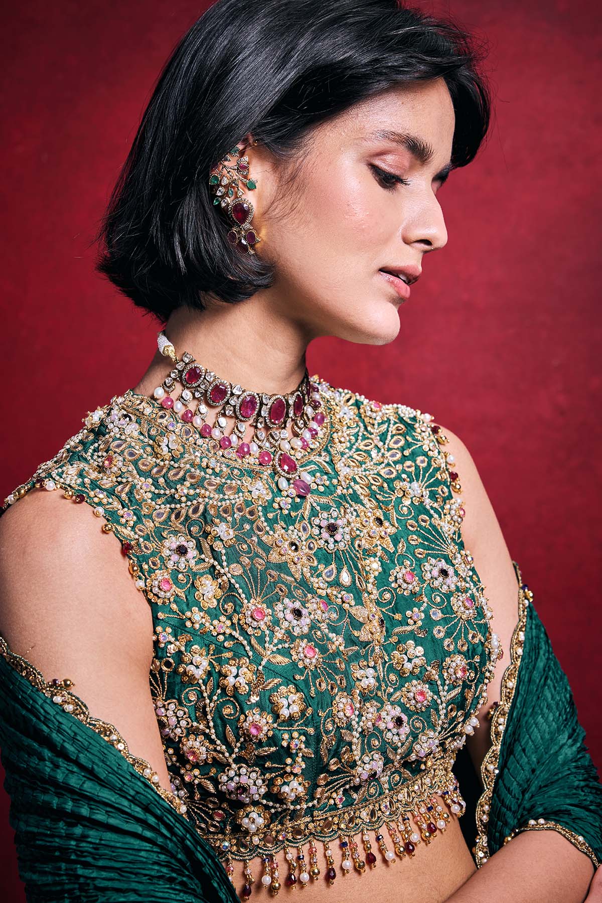 Emerald Green Crushed Lehenga Set