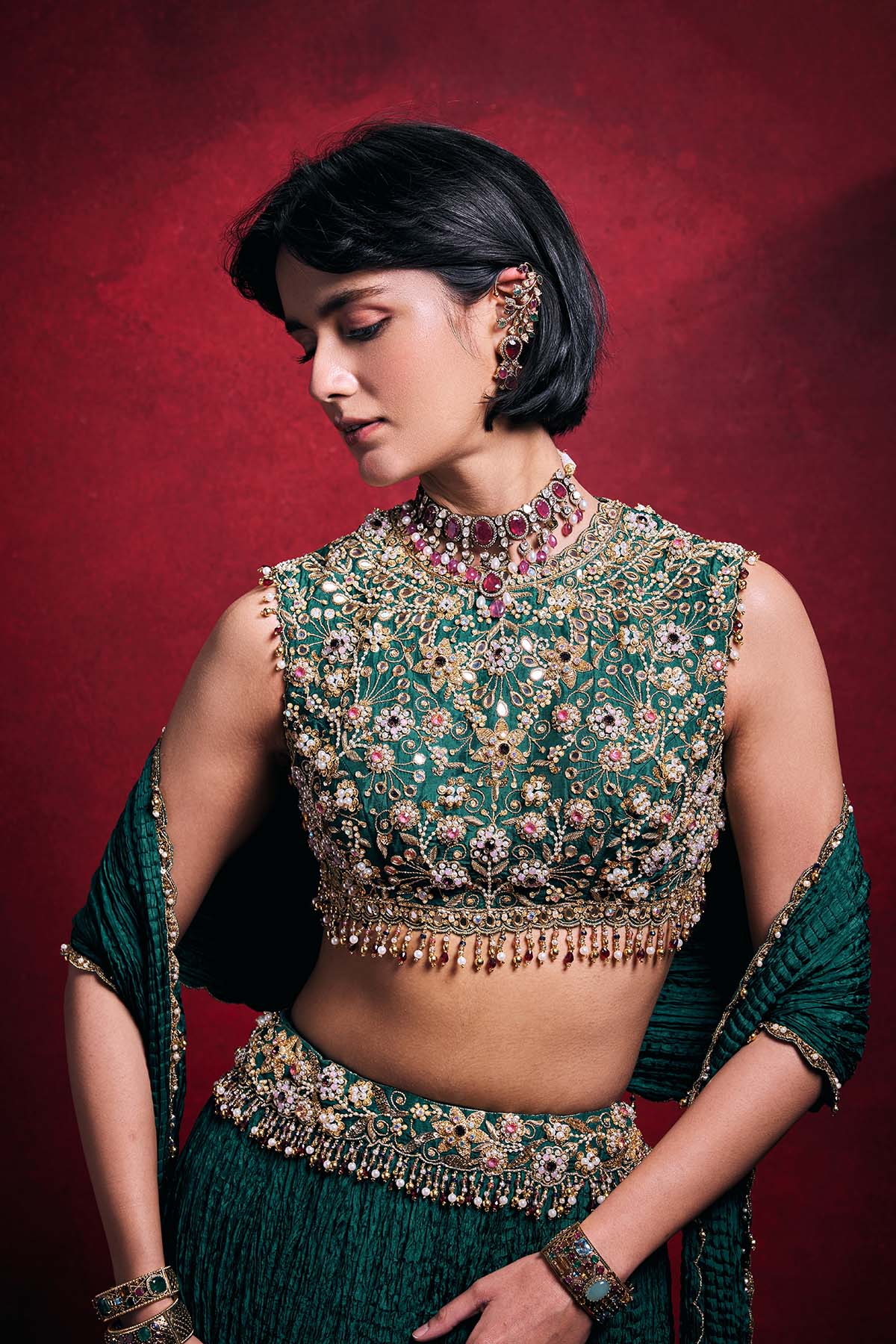 Emerald Green Crushed Lehenga Set
