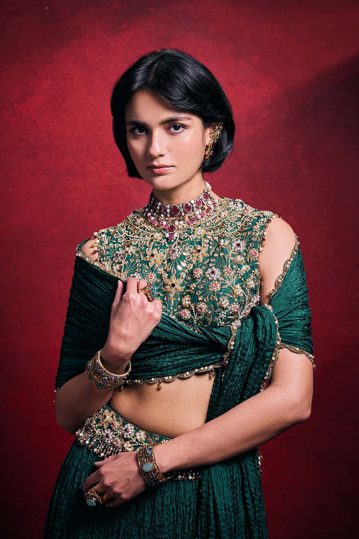 Emerald Green Crushed Lehenga Set